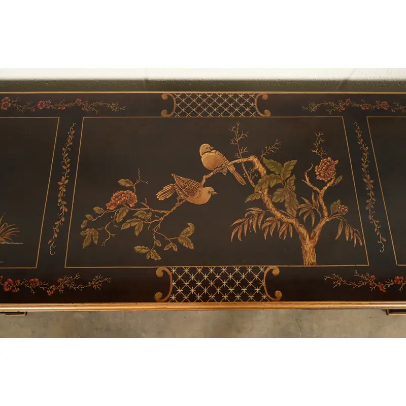 Henredon Hollywood Regency Chinoiserie Mahogany Hand-Painted Console Table With Bird Motif | Circa 1980s - Image 8