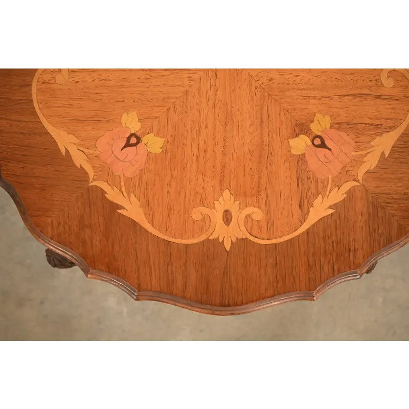 Romweber Style French Provincial Louis XV Carved Walnut and Satinwood Inlaid Marquetry Side Table, Circa 1930s - Image 8