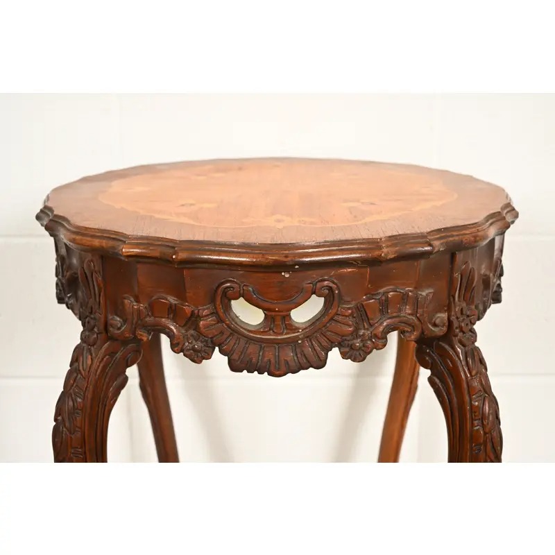 Romweber Style French Provincial Louis XV Carved Walnut and Satinwood Inlaid Marquetry Side Table, Circa 1930s - Image 9
