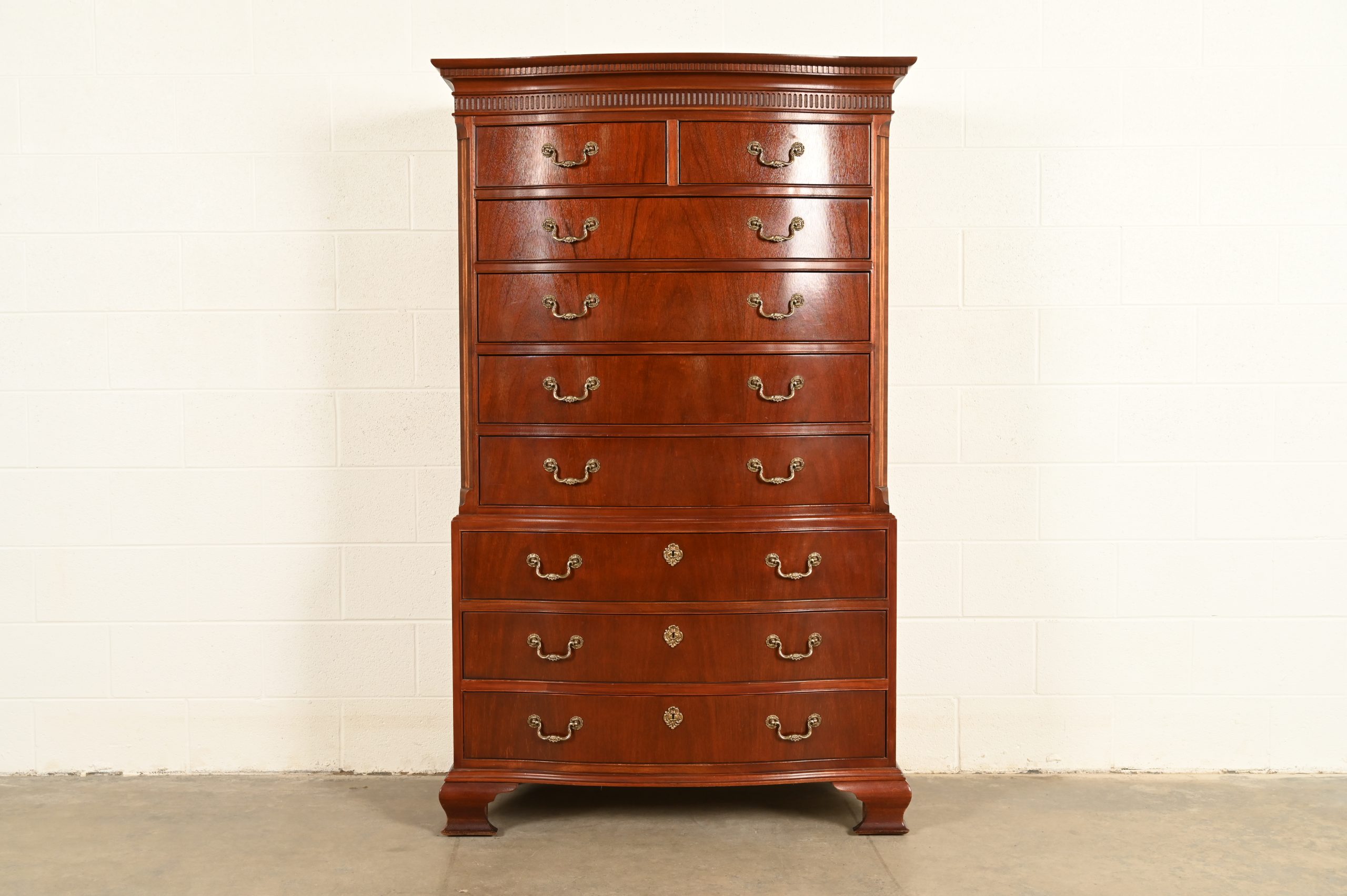 Baker Furniture Georgian Carved Mahogany Nine-Drawer Highboy Dresser, Circa 1980s
