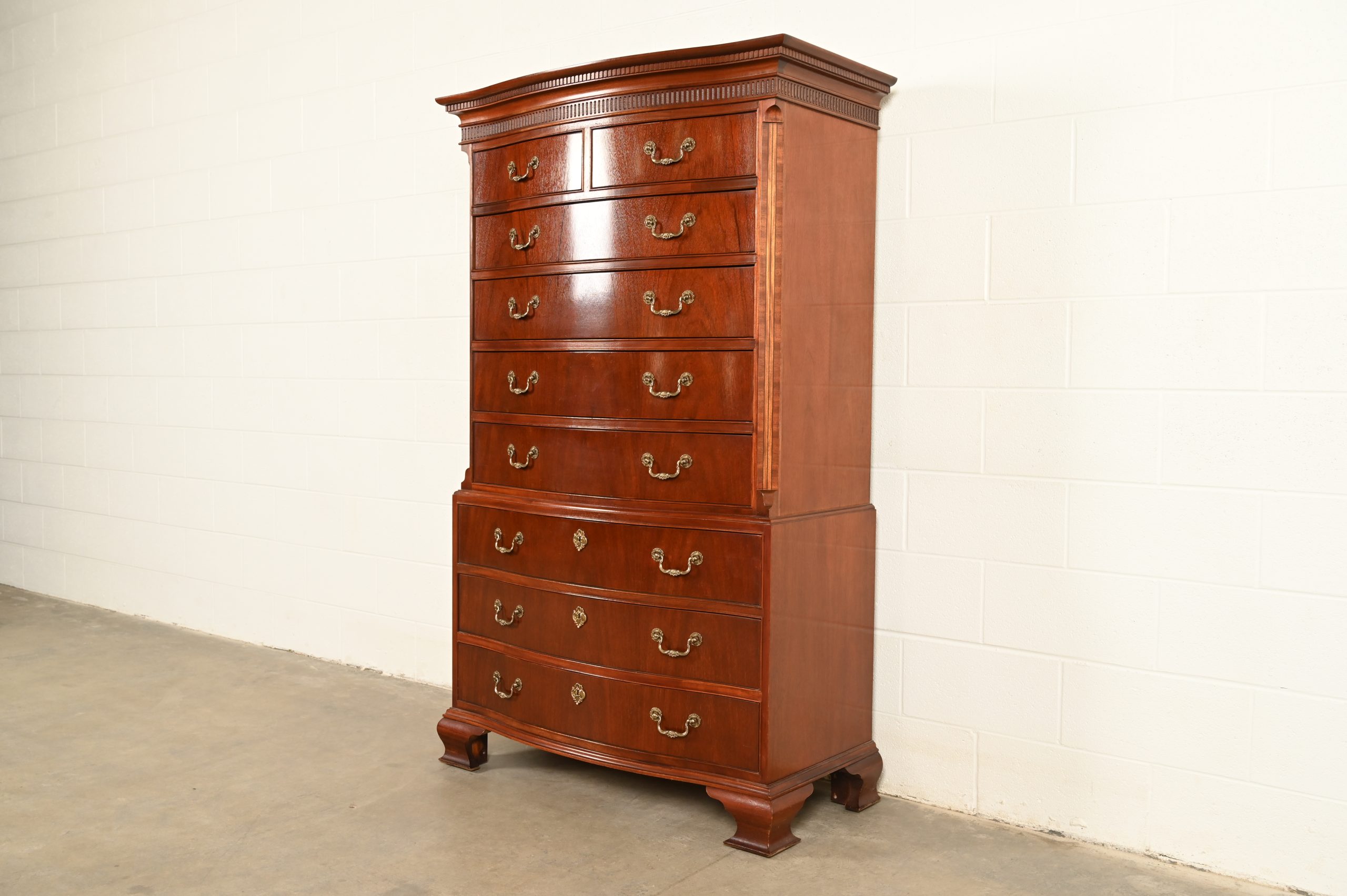Baker Furniture Georgian Carved Mahogany Nine-Drawer Highboy Dresser, Circa 1980s - Image 3