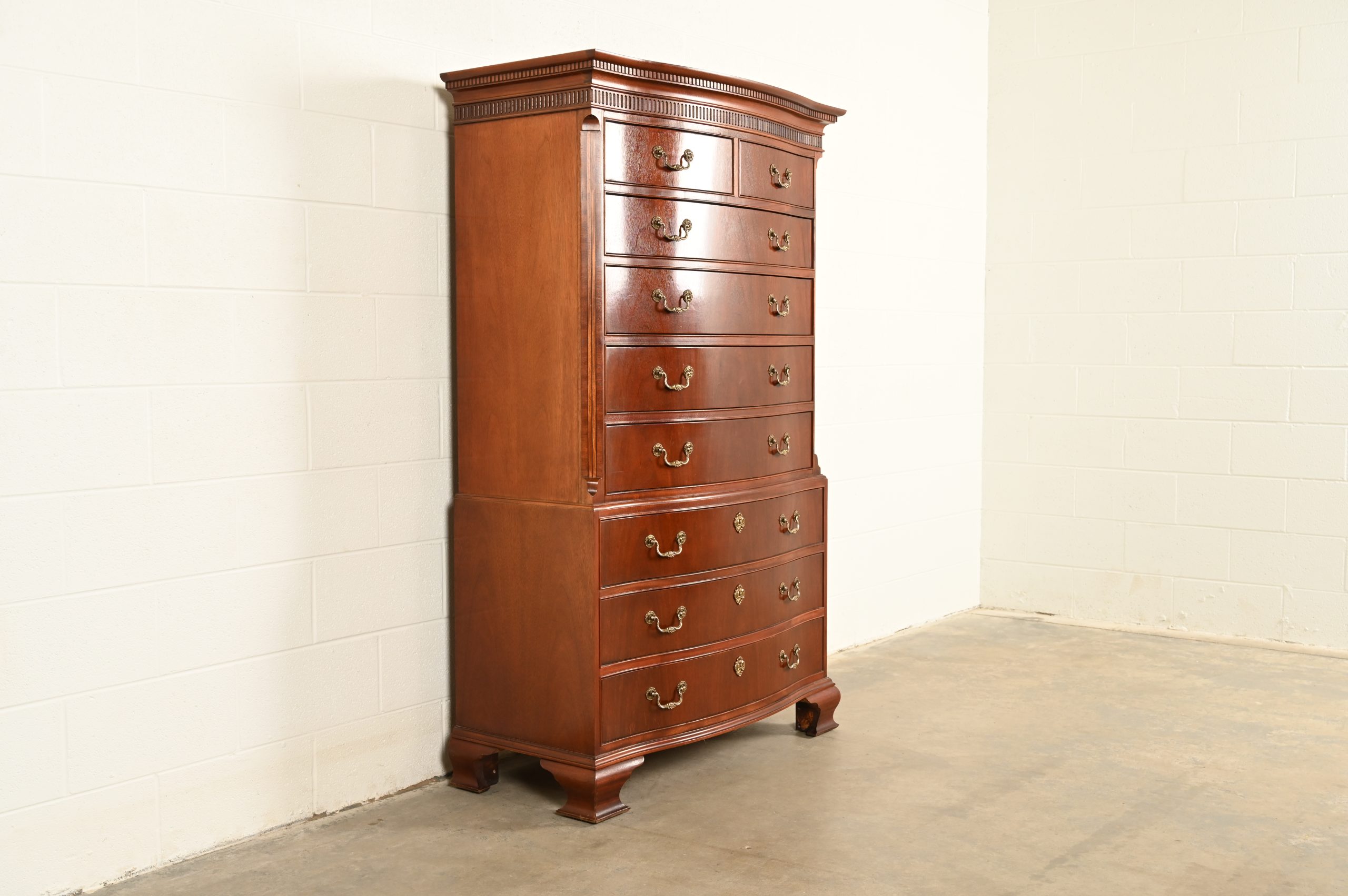 Baker Furniture Georgian Carved Mahogany Nine-Drawer Highboy Dresser, Circa 1980s - Image 4
