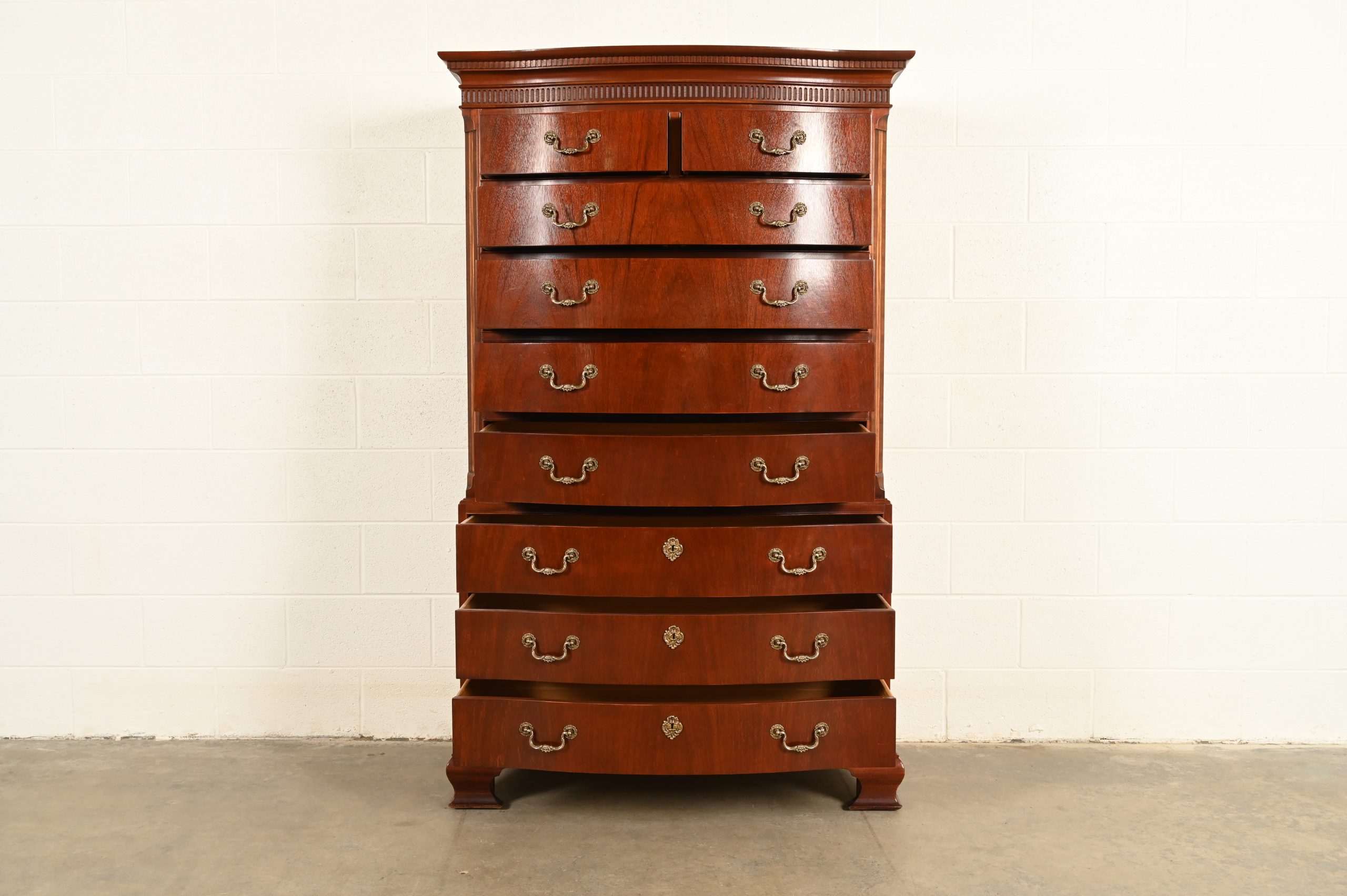 Baker Furniture Georgian Carved Mahogany Nine-Drawer Highboy Dresser, Circa 1980s - Image 5