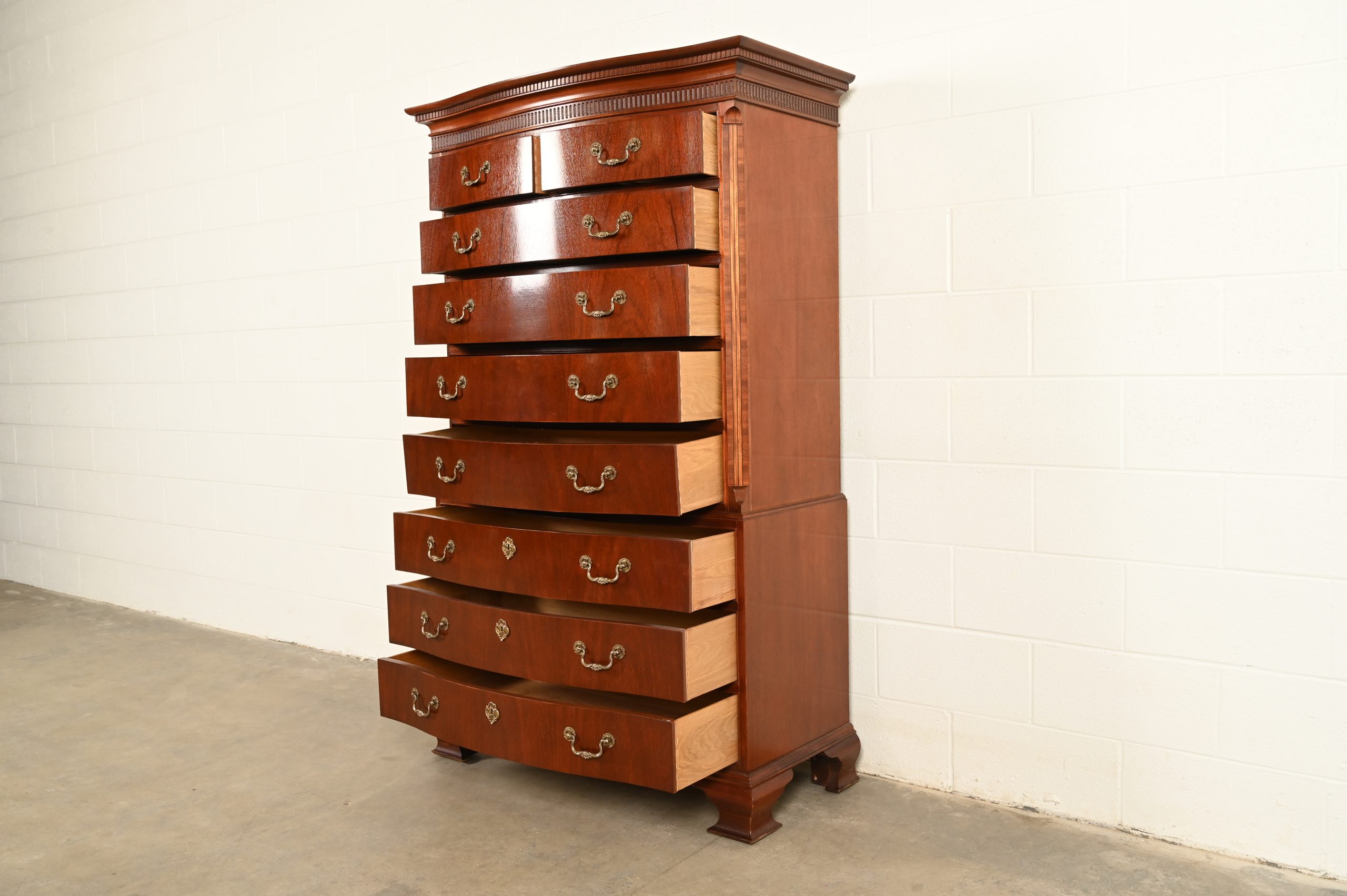 Baker Furniture Georgian Carved Mahogany Nine-Drawer Highboy Dresser, Circa 1980s - Image 6