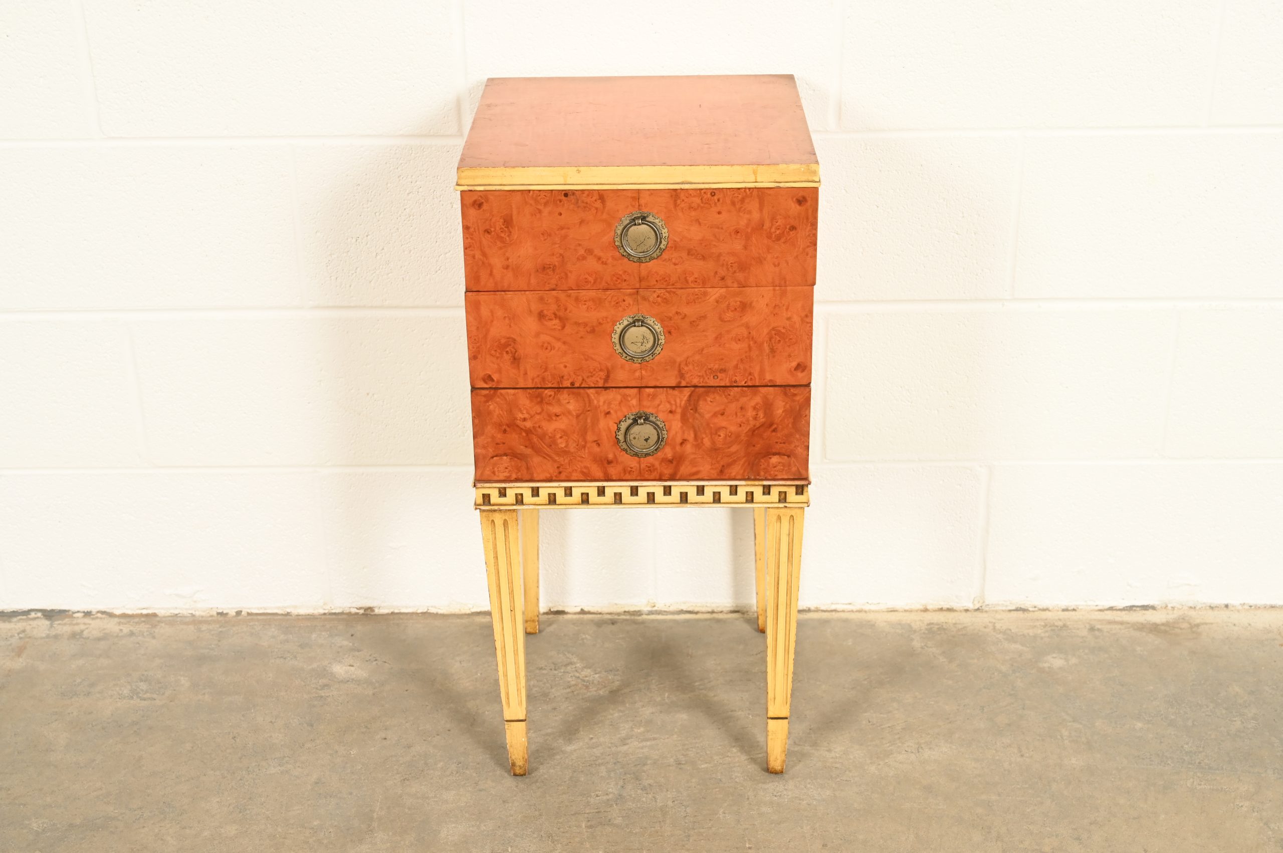 Romweber Style French Regency Louis XVI Burl Wood and Parcel Painted Three-Drawer Bedside Chest, Circa 1940s - Image 2