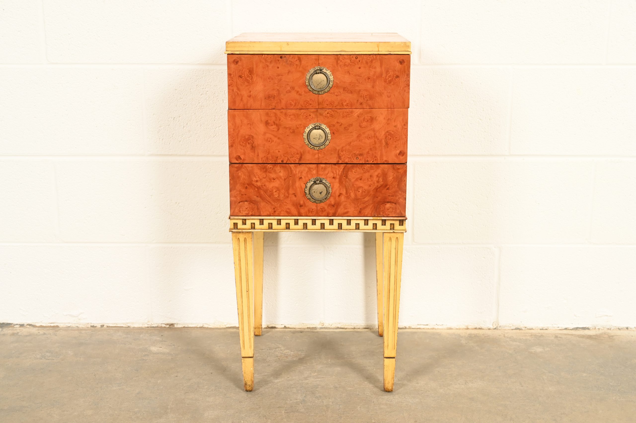 Romweber Style French Regency Louis XVI Burl Wood and Parcel Painted Three-Drawer Bedside Chest, Circa 1940s