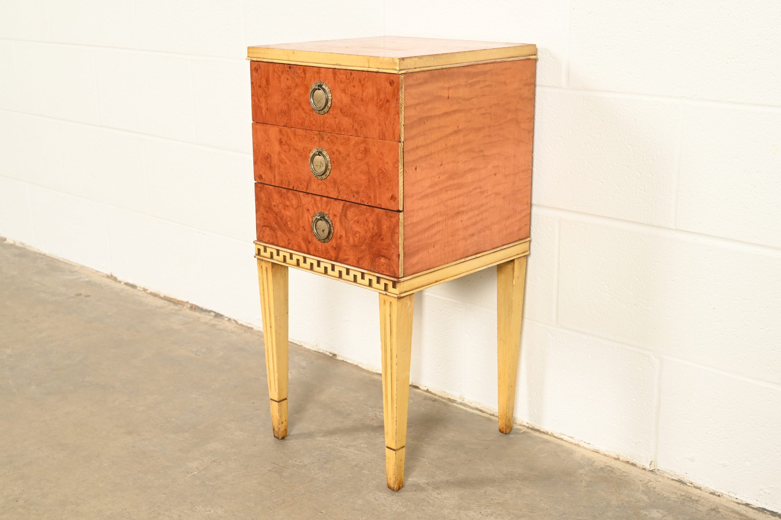 Romweber Style French Regency Louis XVI Burl Wood and Parcel Painted Three-Drawer Bedside Chest, Circa 1940s - Image 3