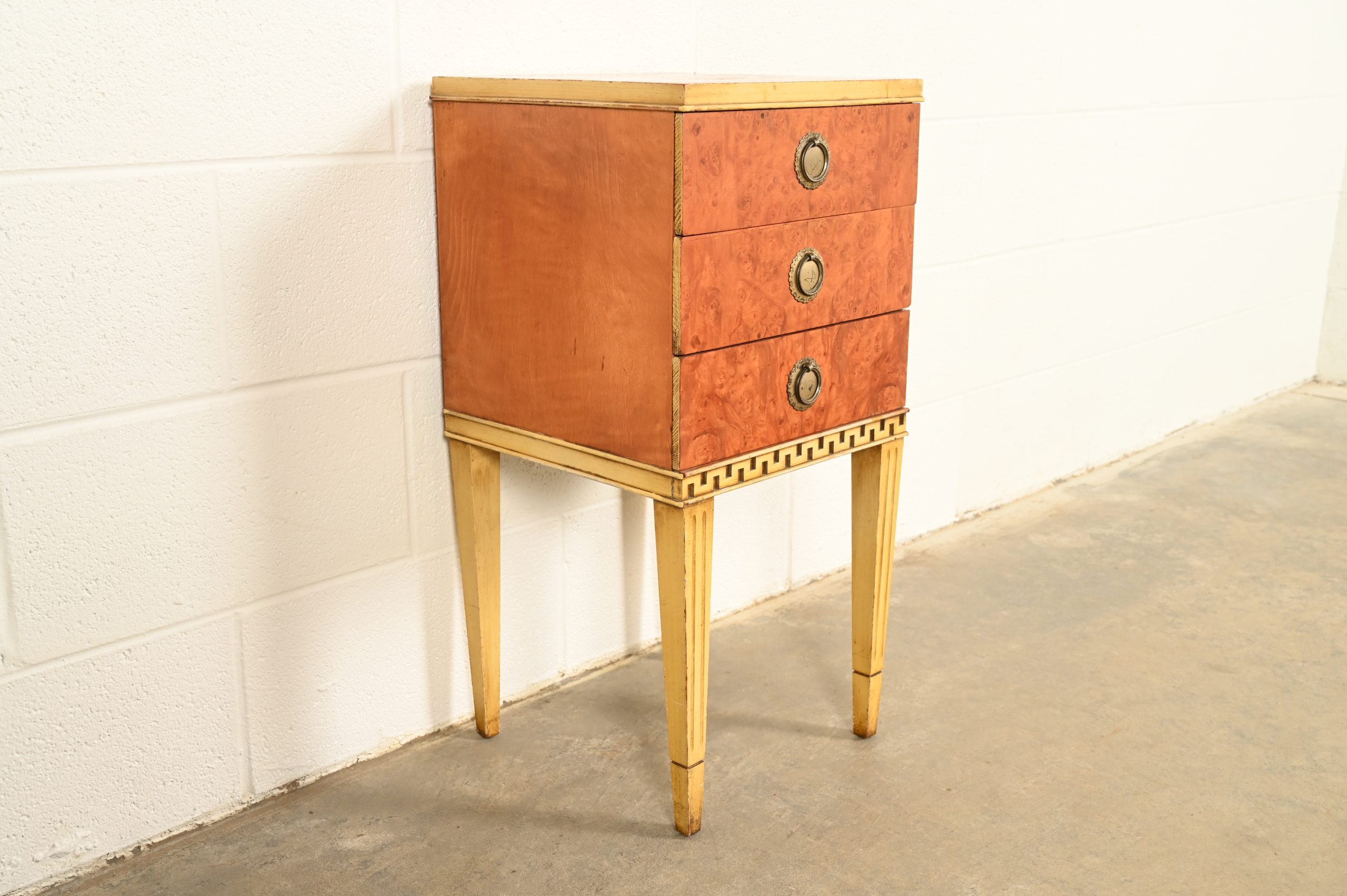 Romweber Style French Regency Louis XVI Burl Wood and Parcel Painted Three-Drawer Bedside Chest, Circa 1940s - Image 4