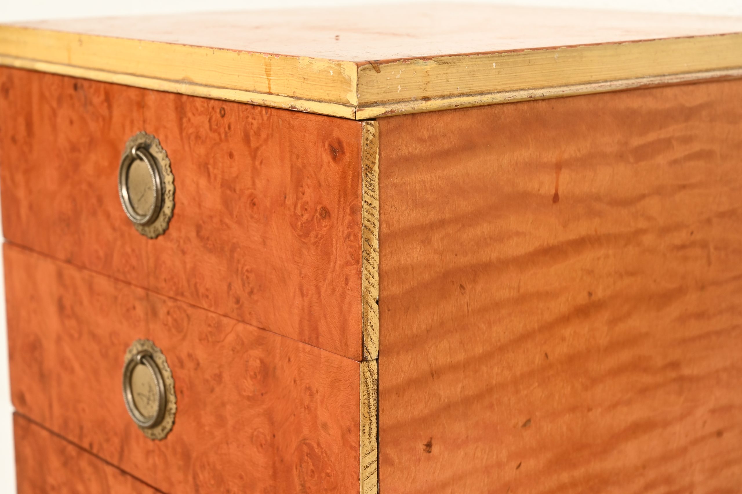 Romweber Style French Regency Louis XVI Burl Wood and Parcel Painted Three-Drawer Bedside Chest, Circa 1940s - Image 7