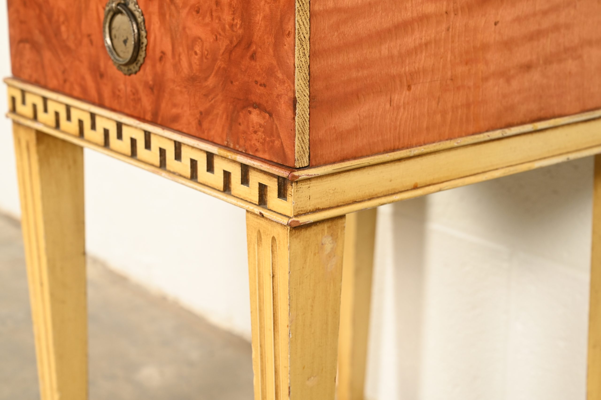 Romweber Style French Regency Louis XVI Burl Wood and Parcel Painted Three-Drawer Bedside Chest, Circa 1940s - Image 11