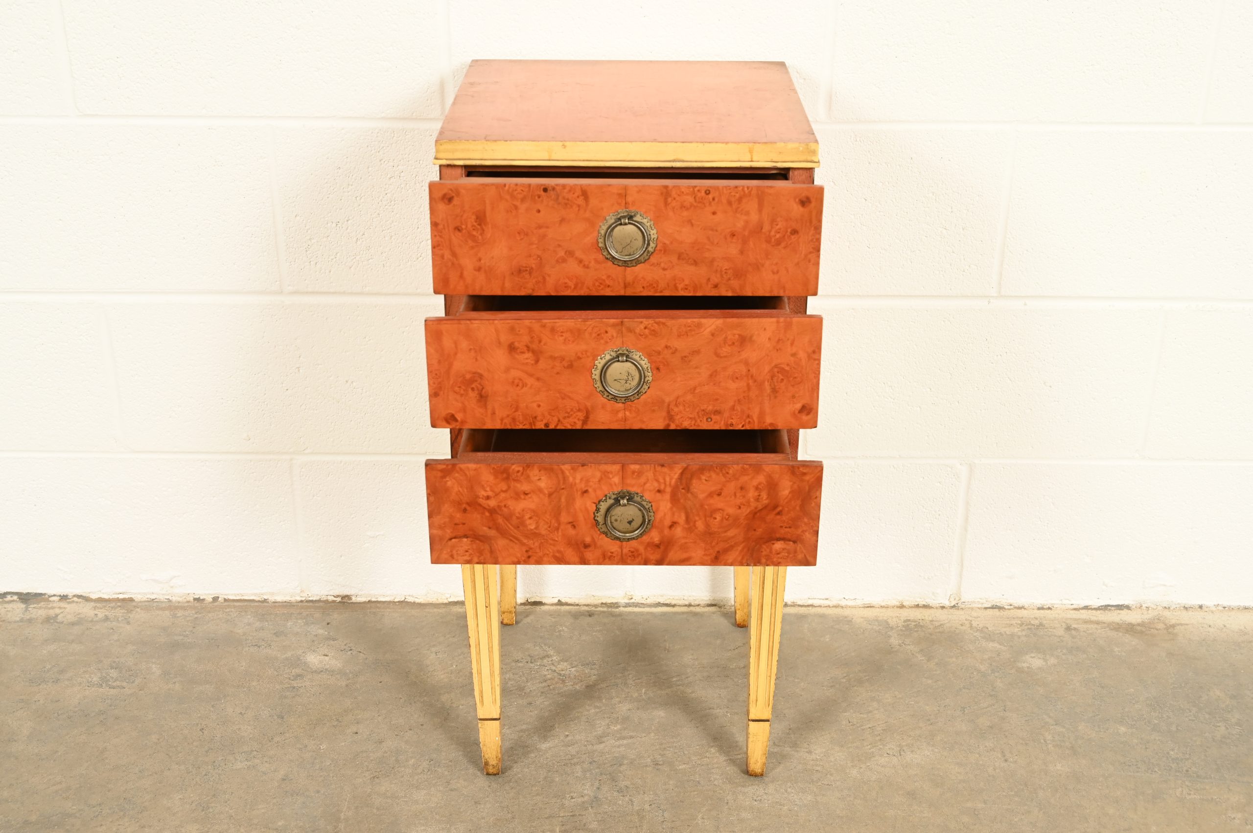 Romweber Style French Regency Louis XVI Burl Wood and Parcel Painted Three-Drawer Bedside Chest, Circa 1940s - Image 5