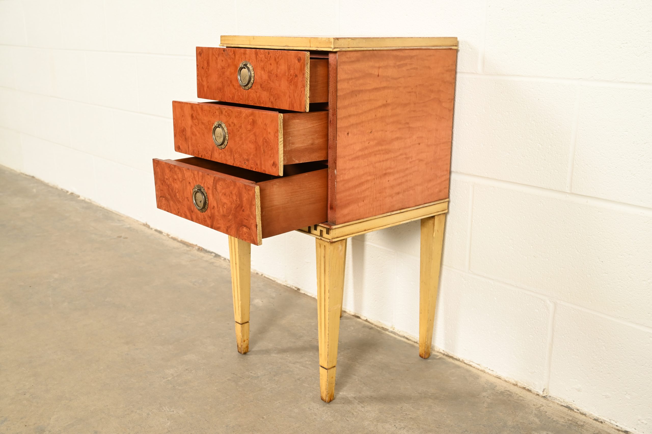 Romweber Style French Regency Louis XVI Burl Wood and Parcel Painted Three-Drawer Bedside Chest, Circa 1940s - Image 6