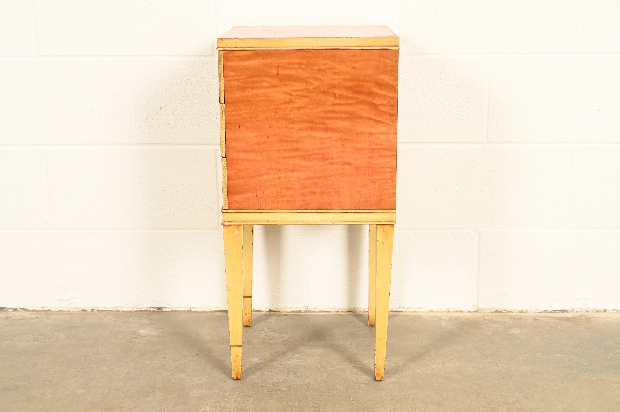 Romweber Style French Regency Louis XVI Burl Wood and Parcel Painted Three-Drawer Bedside Chest, Circa 1940s - Image 14