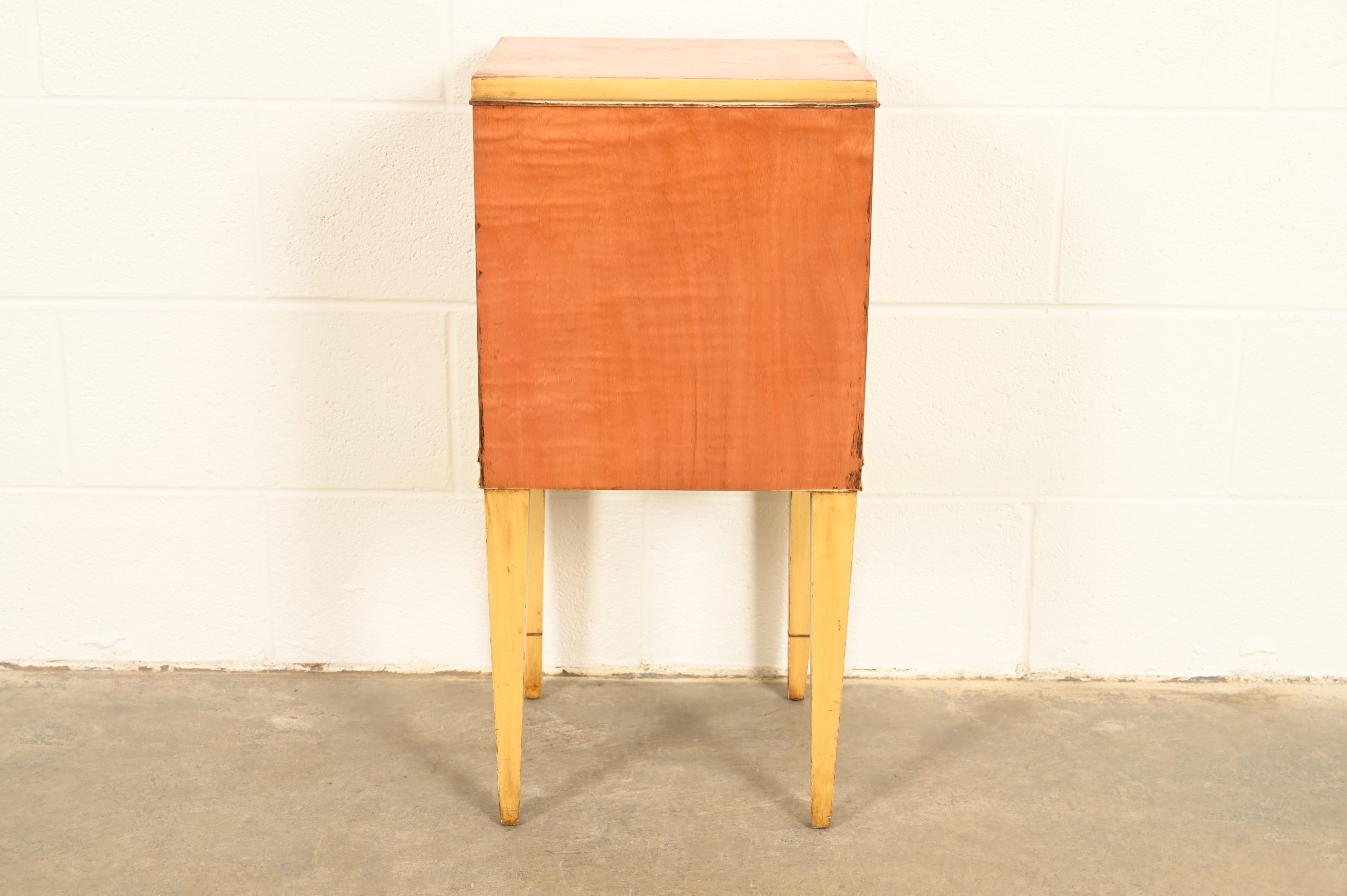 Romweber Style French Regency Louis XVI Burl Wood and Parcel Painted Three-Drawer Bedside Chest, Circa 1940s - Image 15