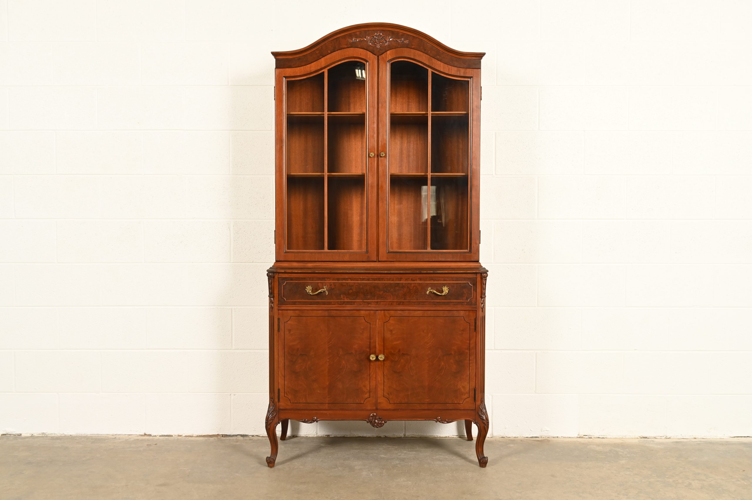 Romweber French Provincial Louis XV Carved Walnut and Burl Wood Breakfront Bookcase Cabinet, Circa 1930s - Image 2