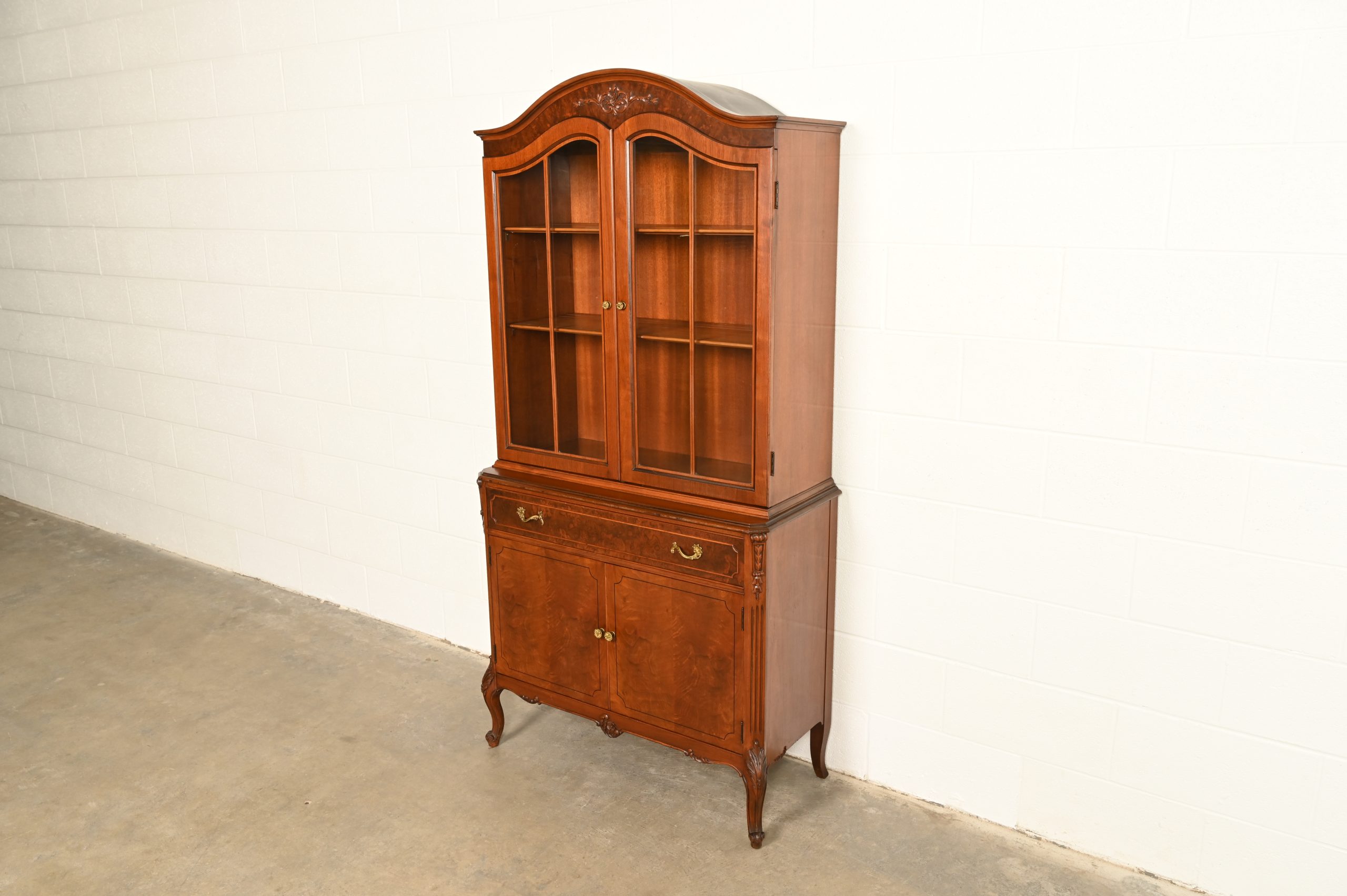 Romweber French Provincial Louis XV Carved Walnut and Burl Wood Breakfront Bookcase Cabinet, Circa 1930s - Image 4