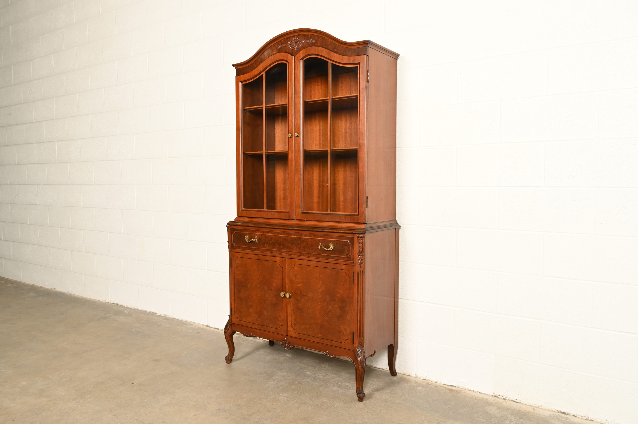 Romweber French Provincial Louis XV Carved Walnut and Burl Wood Breakfront Bookcase Cabinet, Circa 1930s
