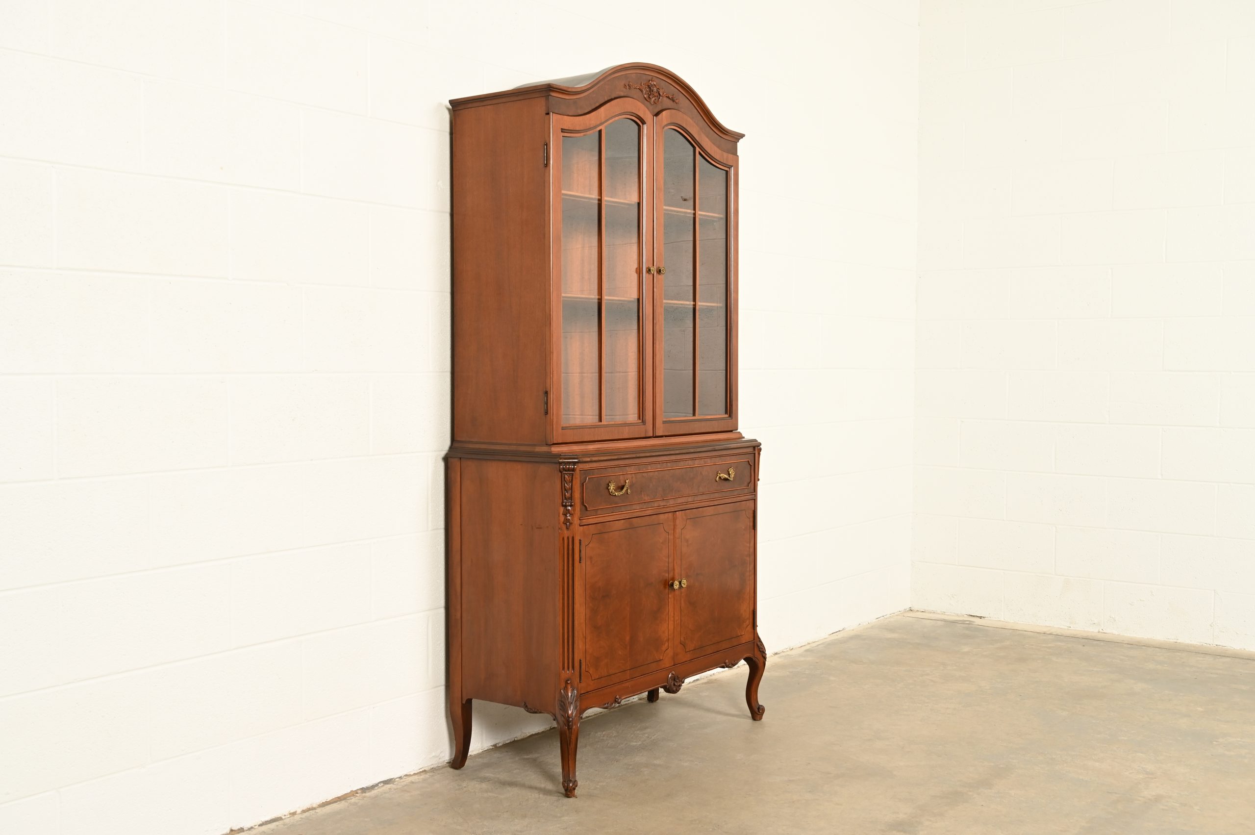 Romweber French Provincial Louis XV Carved Walnut and Burl Wood Breakfront Bookcase Cabinet, Circa 1930s - Image 3