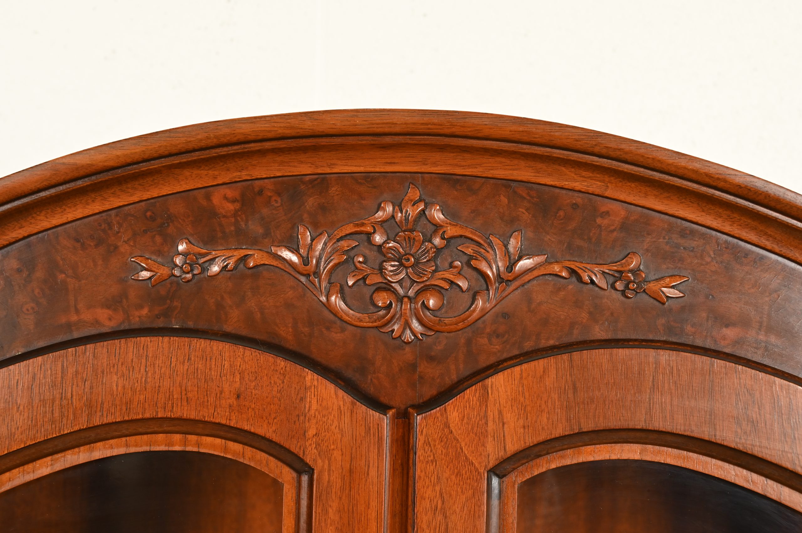 Romweber French Provincial Louis XV Carved Walnut and Burl Wood Breakfront Bookcase Cabinet, Circa 1930s - Image 8