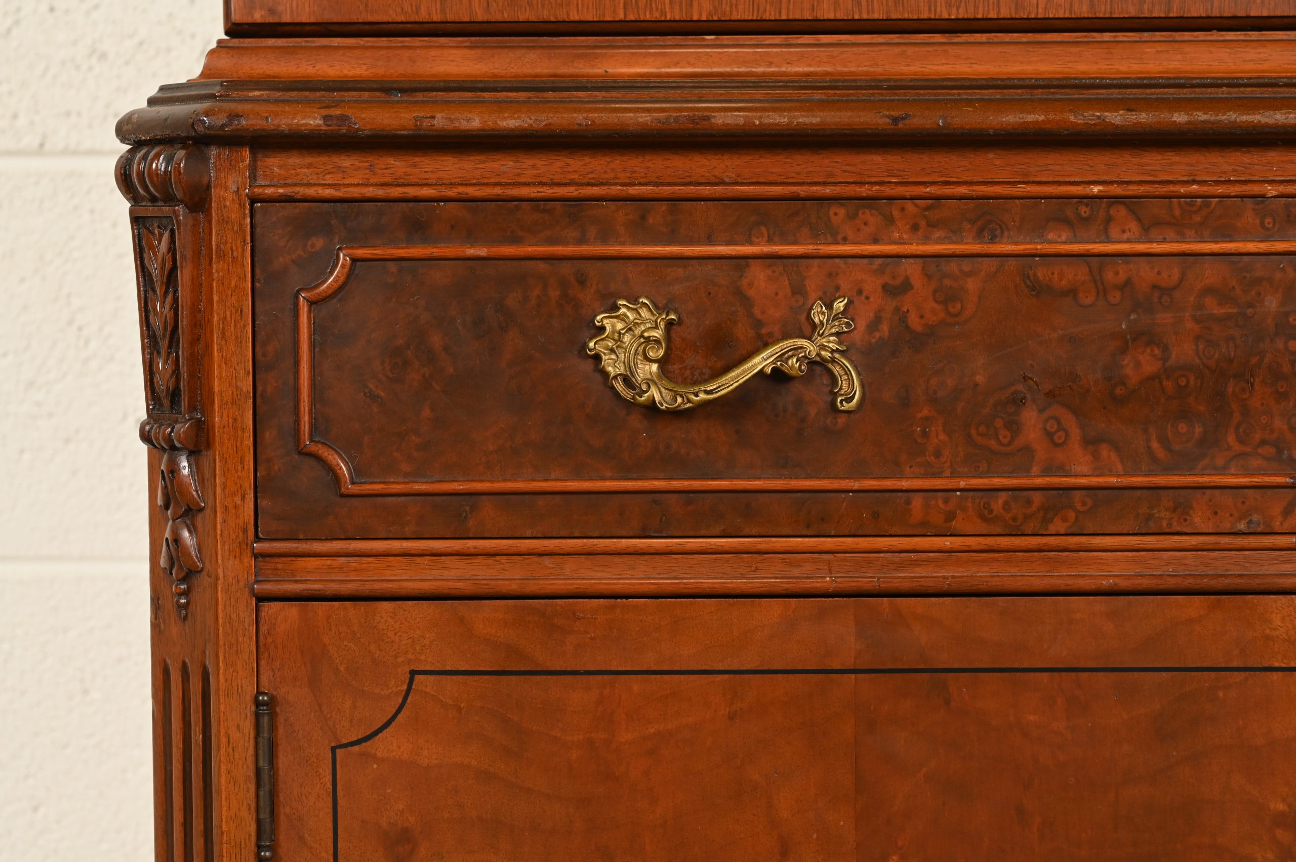 Romweber French Provincial Louis XV Carved Walnut and Burl Wood Breakfront Bookcase Cabinet, Circa 1930s - Image 10