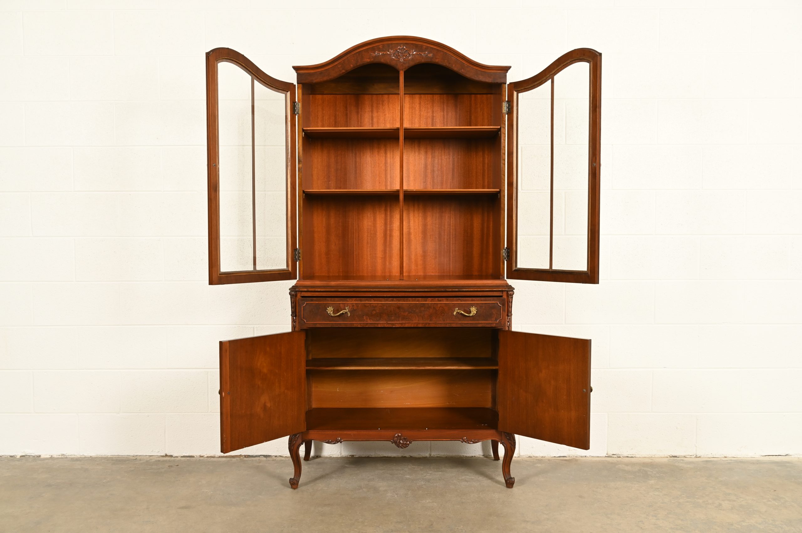 Romweber French Provincial Louis XV Carved Walnut and Burl Wood Breakfront Bookcase Cabinet, Circa 1930s - Image 5