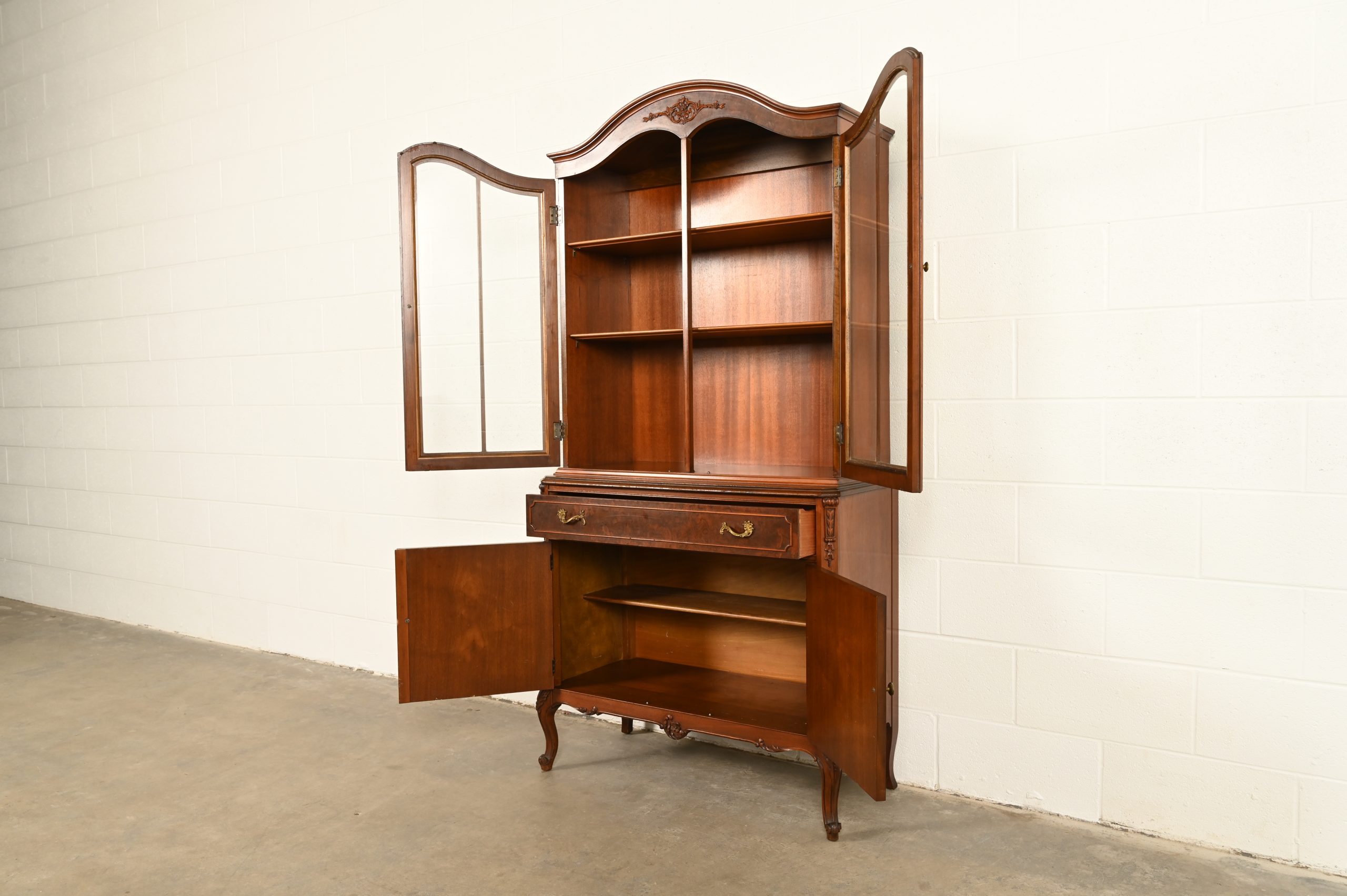 Romweber French Provincial Louis XV Carved Walnut and Burl Wood Breakfront Bookcase Cabinet, Circa 1930s - Image 6