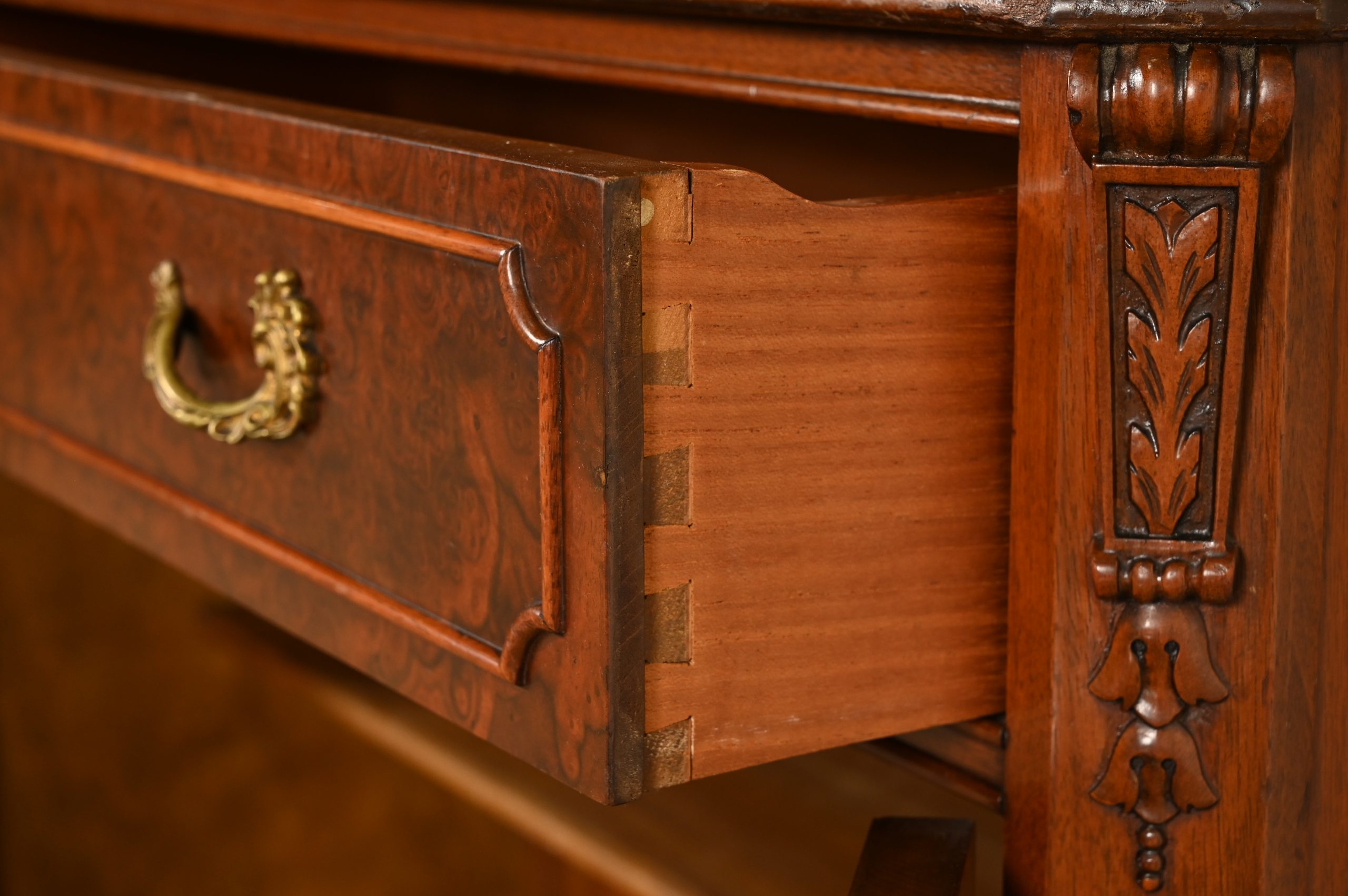 Romweber French Provincial Louis XV Carved Walnut and Burl Wood Breakfront Bookcase Cabinet, Circa 1930s - Image 12
