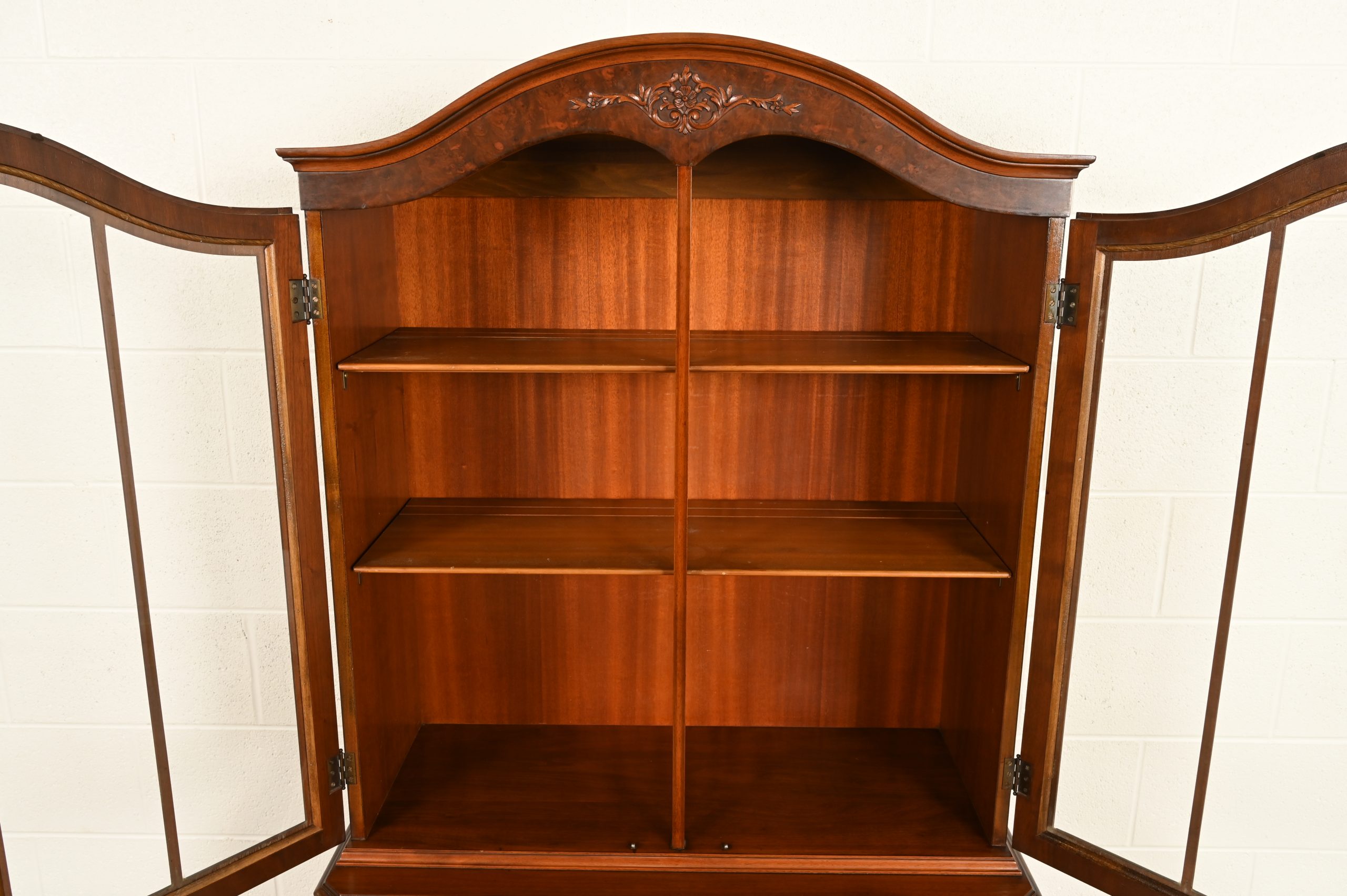 Romweber French Provincial Louis XV Carved Walnut and Burl Wood Breakfront Bookcase Cabinet, Circa 1930s - Image 9