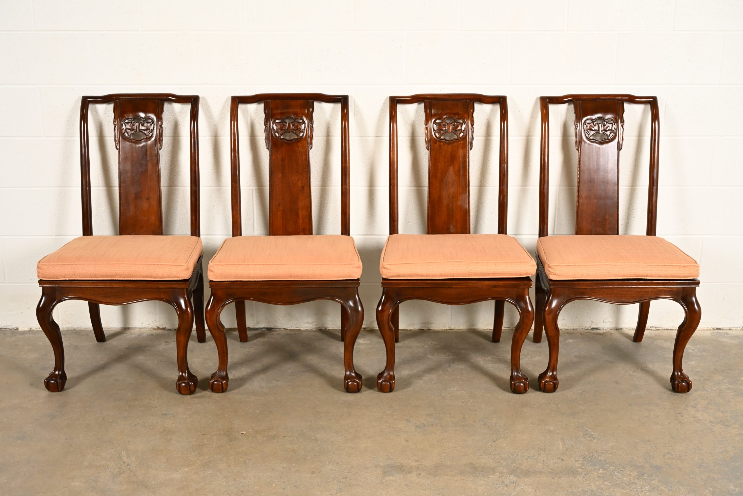 Drexel Heritage Hollywood Regency Chinoiserie Sculpted Mahogany Dining Chairs, Set of Four - Image 3