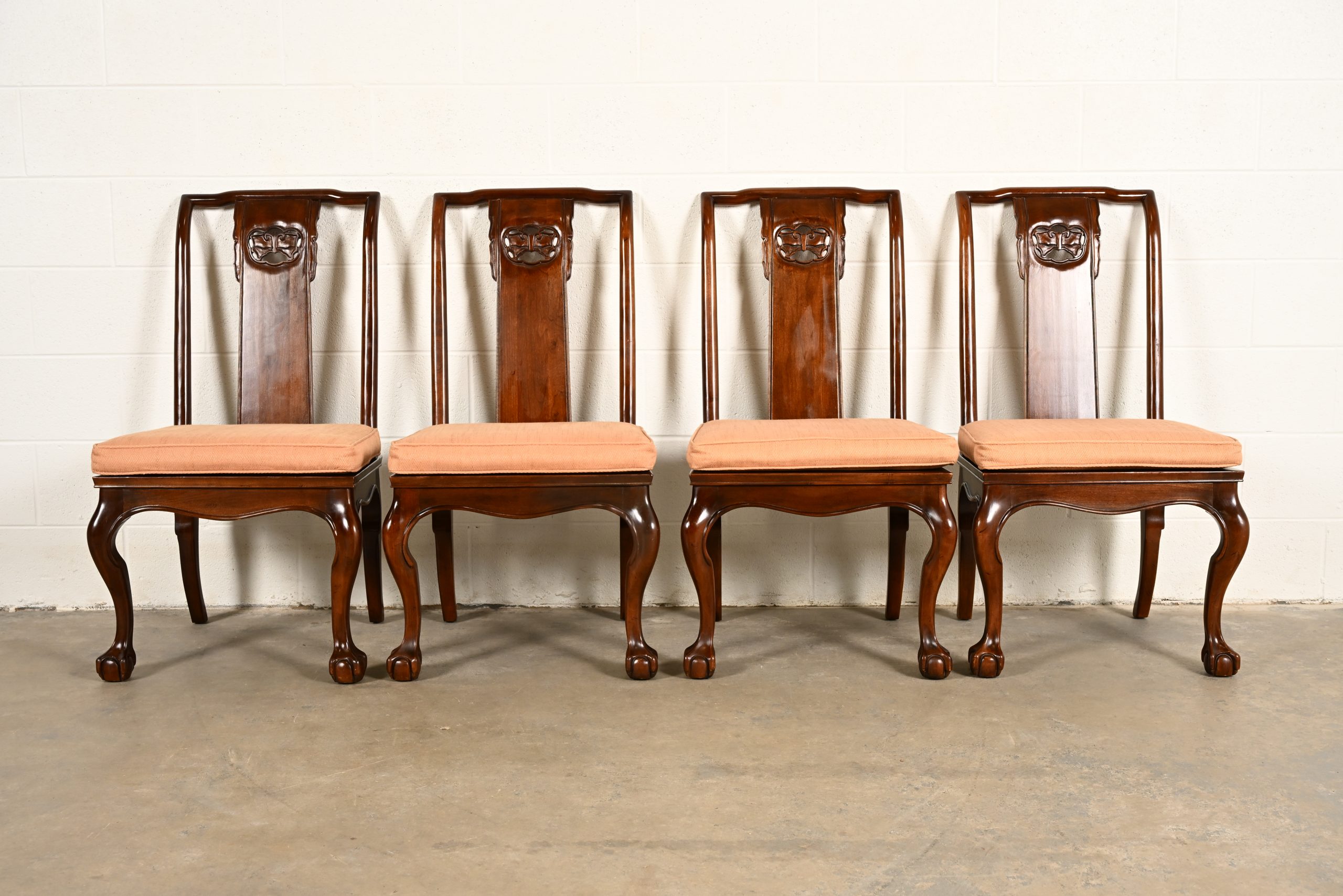 Drexel Heritage Hollywood Regency Chinoiserie Sculpted Mahogany Dining Chairs, Set of Four - Image 2
