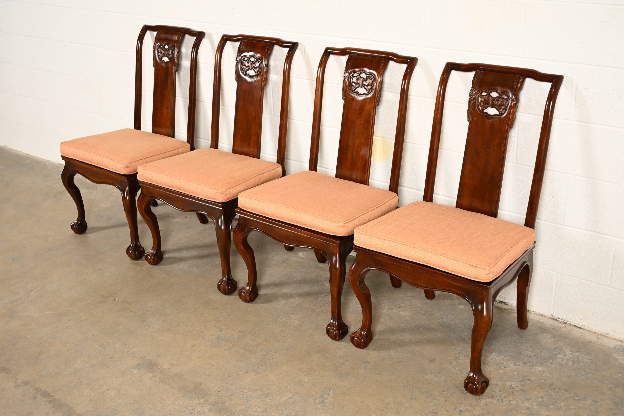 Drexel Heritage Hollywood Regency Chinoiserie Sculpted Mahogany Dining Chairs, Set of Four