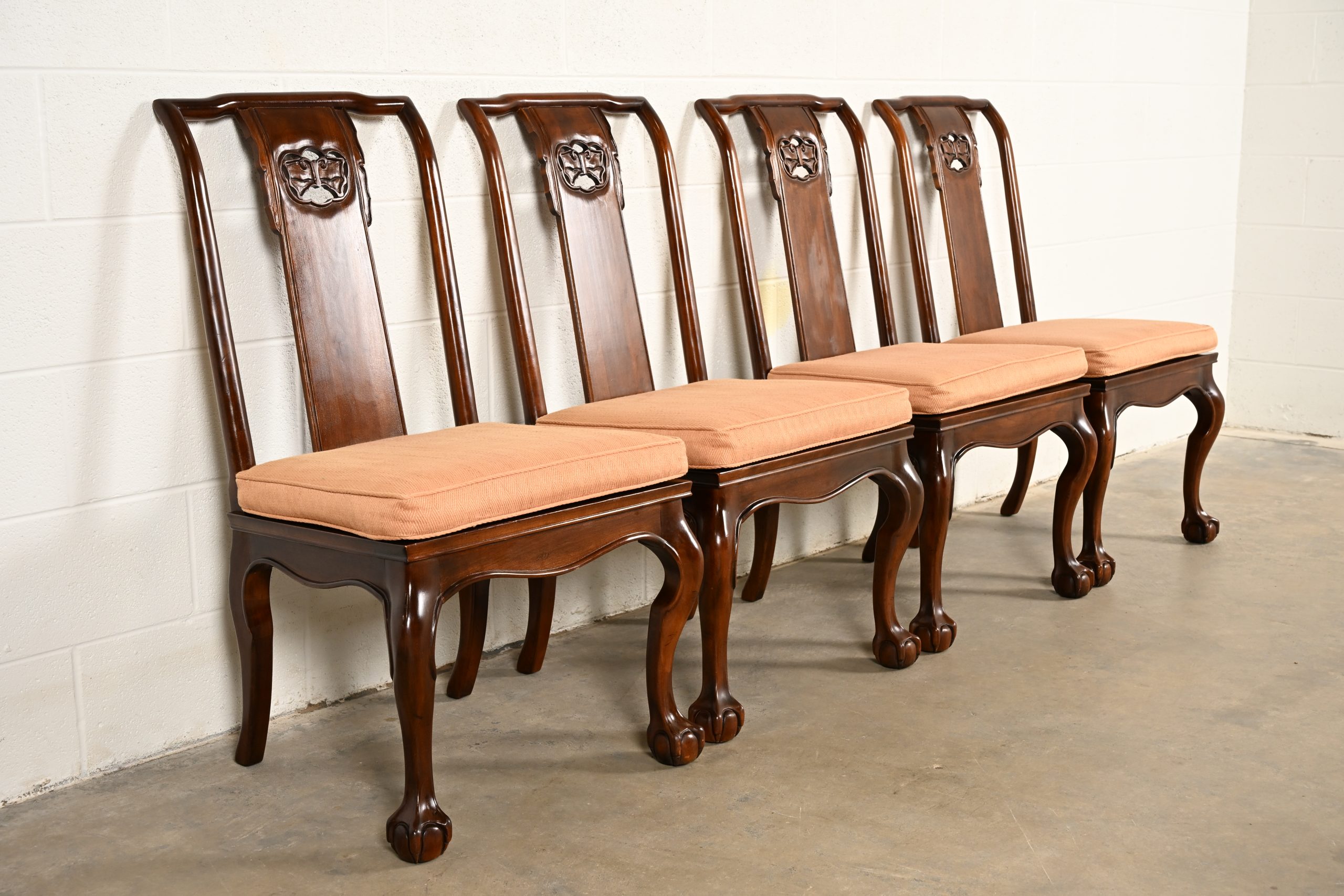 Drexel Heritage Hollywood Regency Chinoiserie Sculpted Mahogany Dining Chairs, Set of Four - Image 4