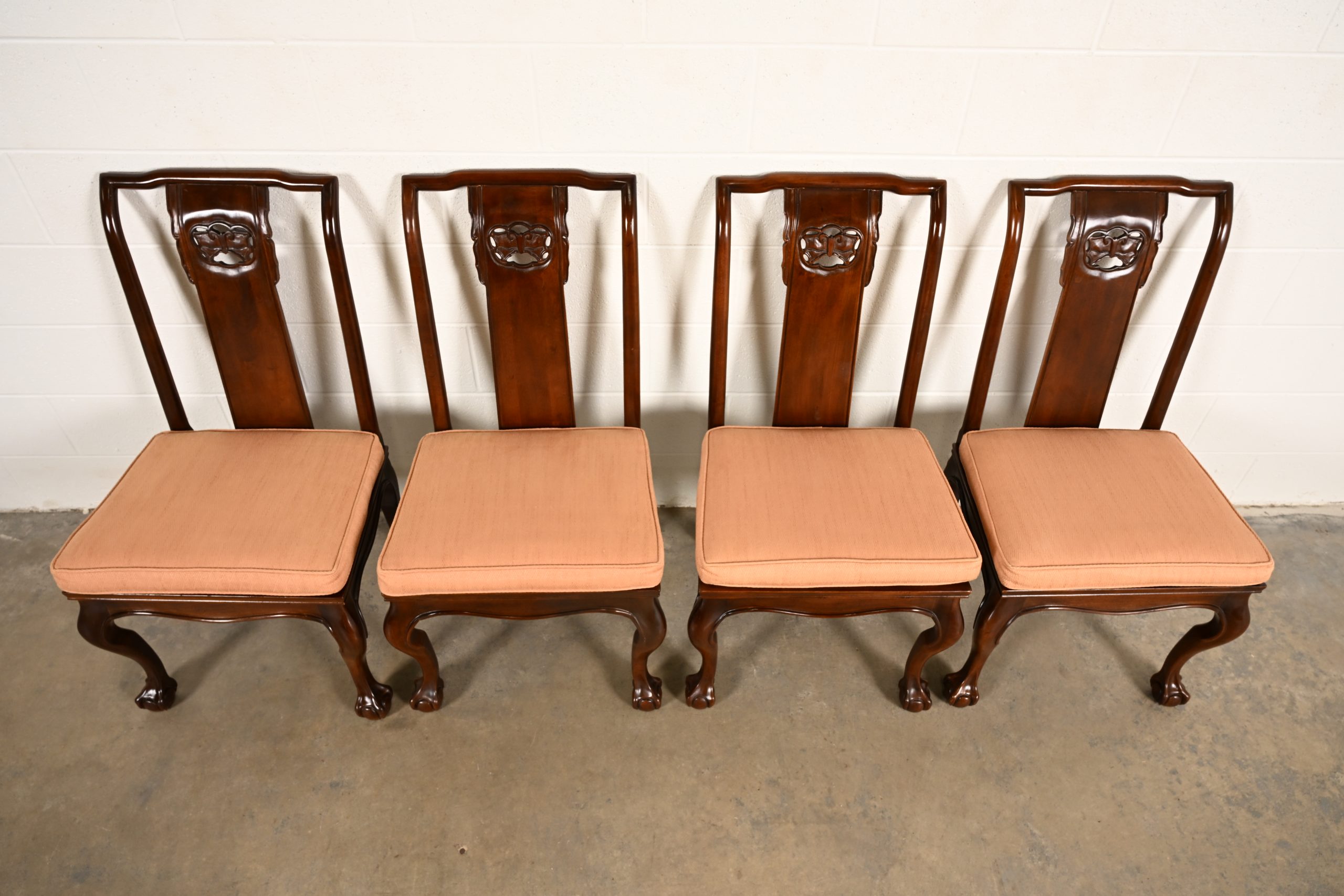 Drexel Heritage Hollywood Regency Chinoiserie Sculpted Mahogany Dining Chairs, Set of Four - Image 5