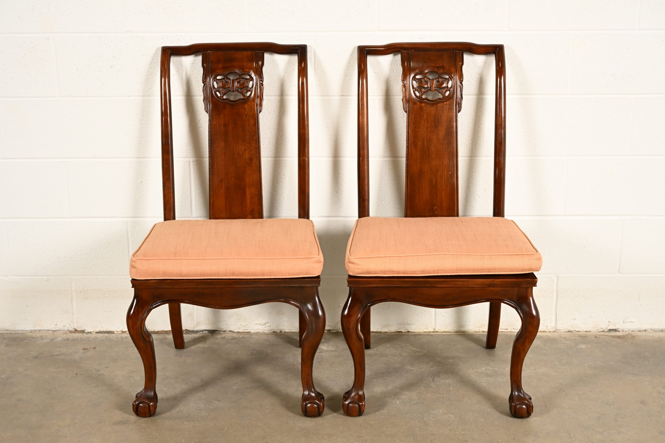 Drexel Heritage Hollywood Regency Chinoiserie Sculpted Mahogany Side Chairs or Dining Chairs, Pair - Image 2