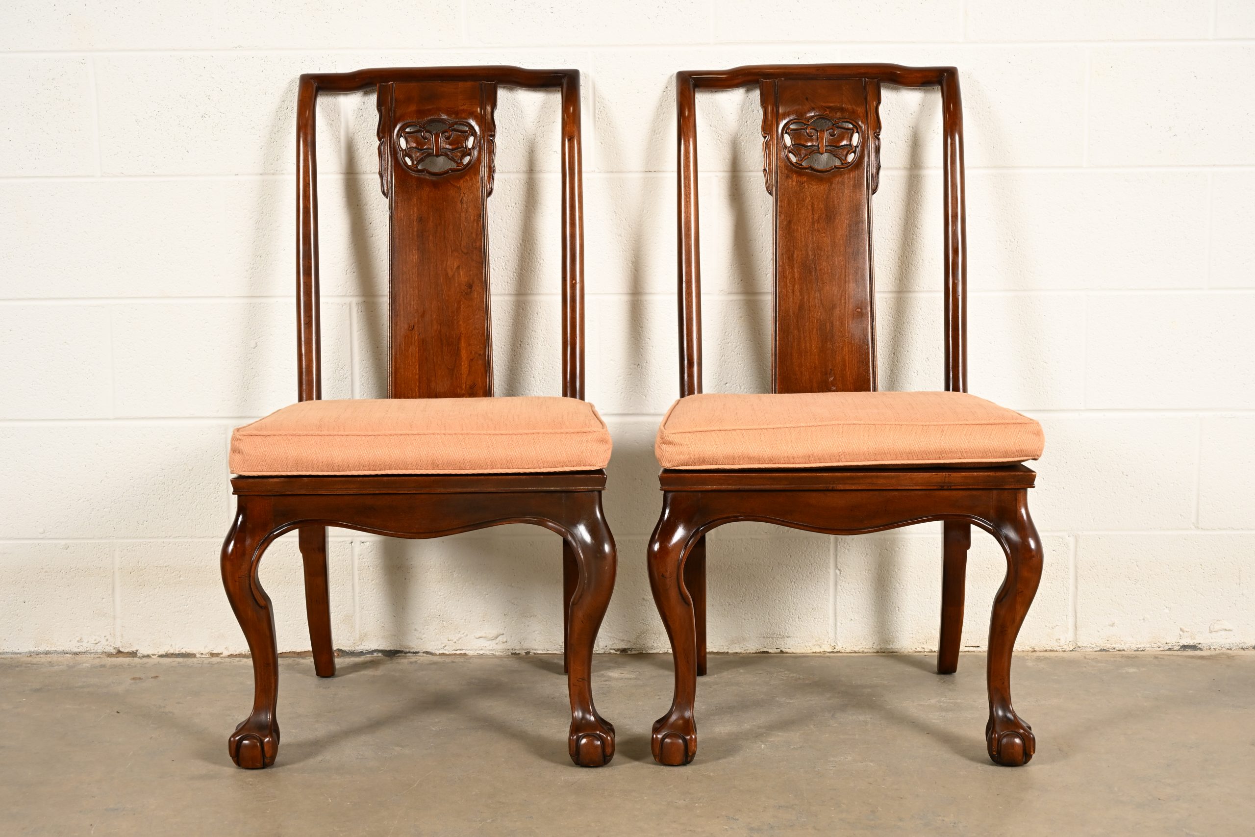 Drexel Heritage Hollywood Regency Chinoiserie Sculpted Mahogany Side Chairs or Dining Chairs, Pair