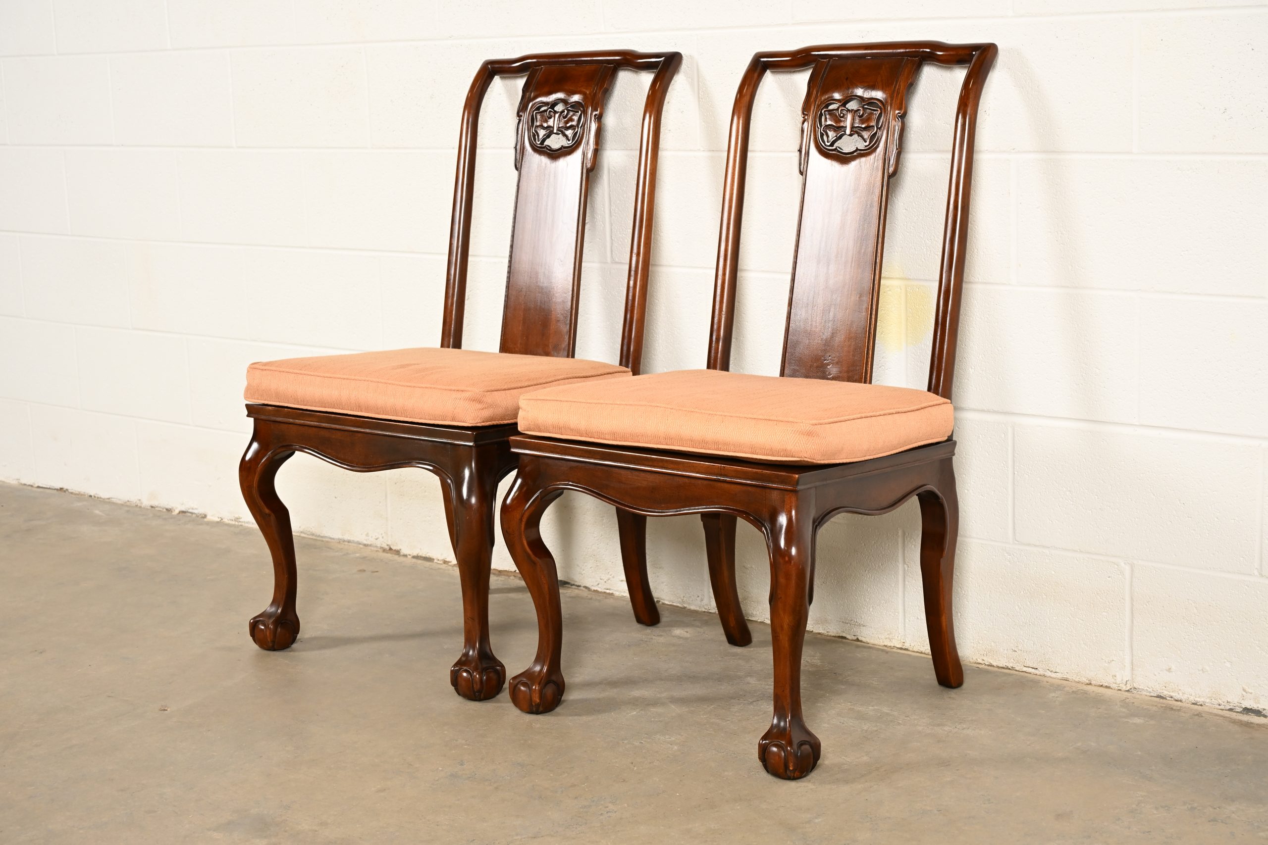 Drexel Heritage Hollywood Regency Chinoiserie Sculpted Mahogany Side Chairs or Dining Chairs, Pair - Image 3