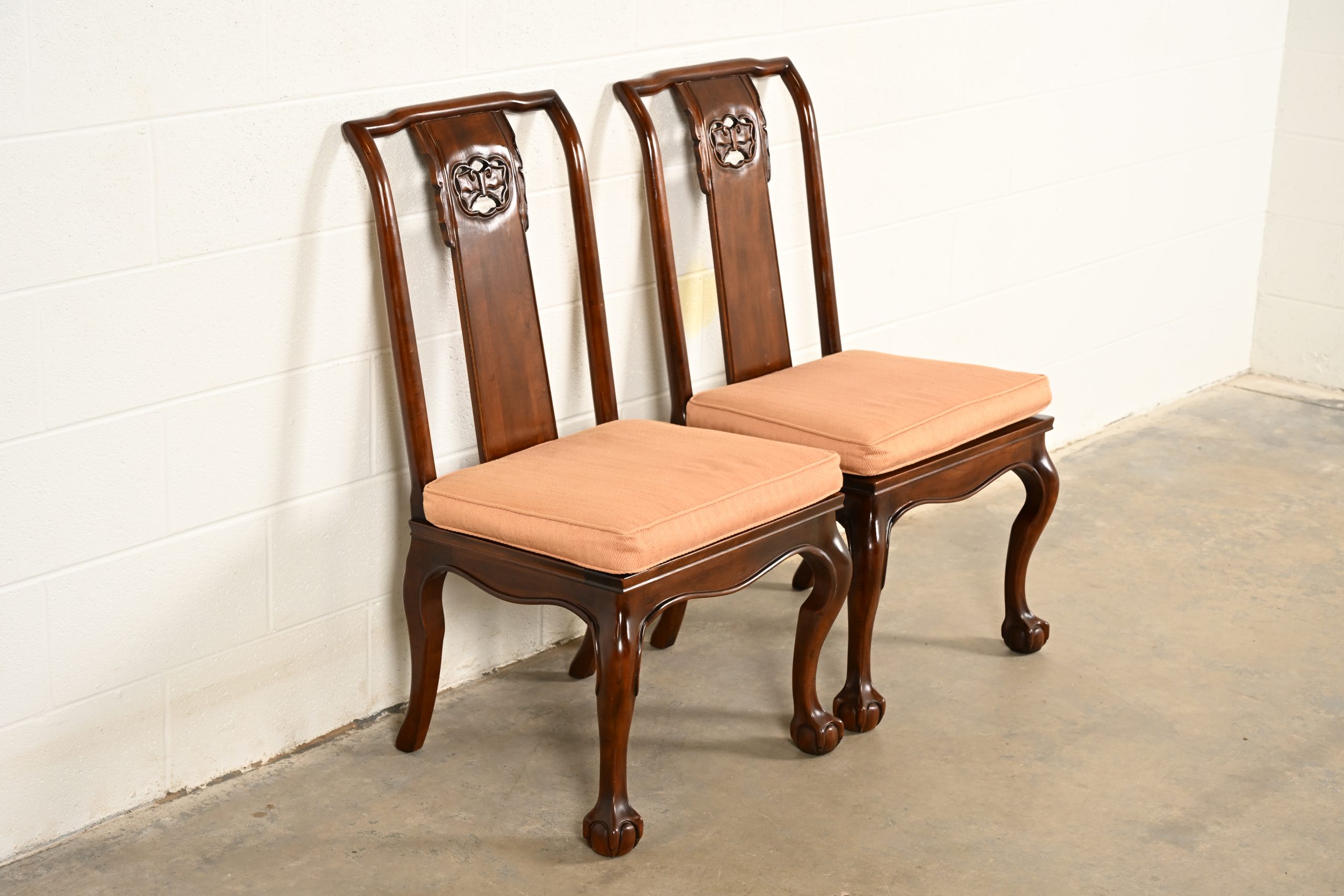 Drexel Heritage Hollywood Regency Chinoiserie Sculpted Mahogany Side Chairs or Dining Chairs, Pair - Image 4