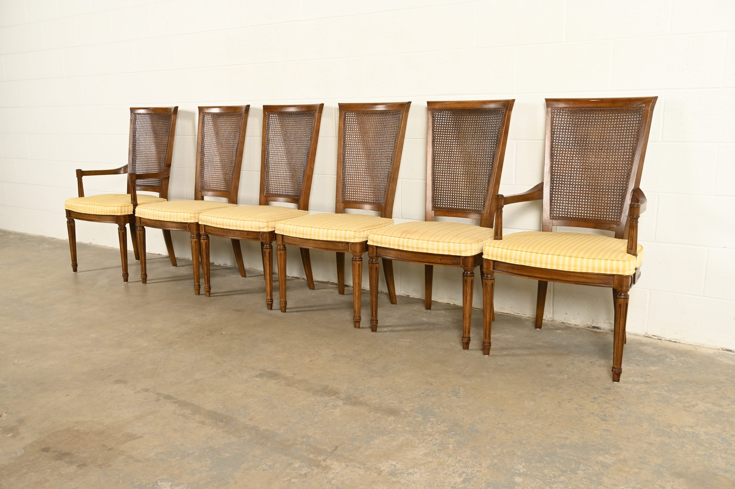 Henredon French Regency Louis XVI Carved Walnut Cane Back Dining Chairs, Set of Six