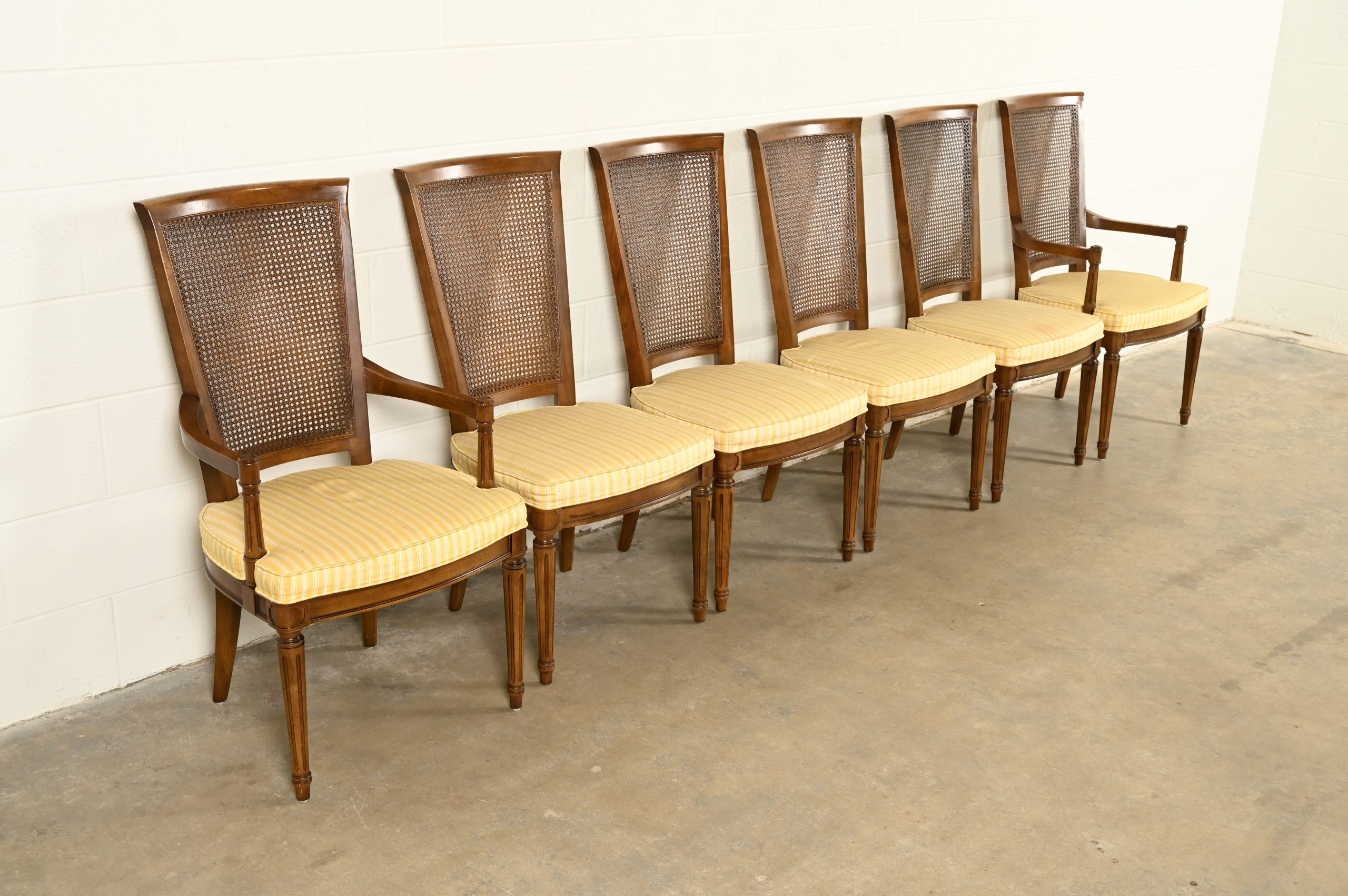 Henredon French Regency Louis XVI Carved Walnut Cane Back Dining Chairs, Set of Six - Image 4