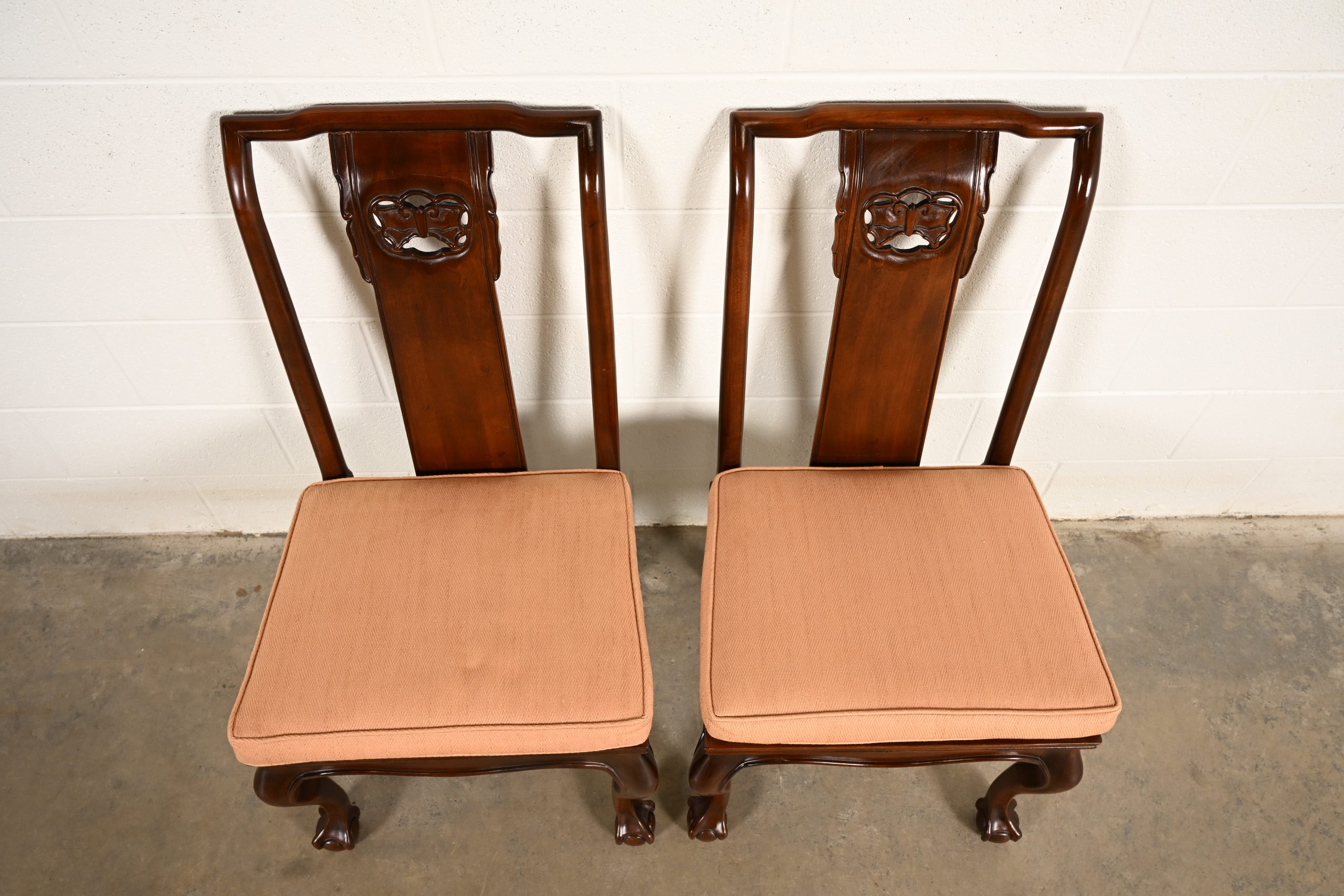 Drexel Heritage Hollywood Regency Chinoiserie Sculpted Mahogany Side Chairs or Dining Chairs, Pair - Image 5