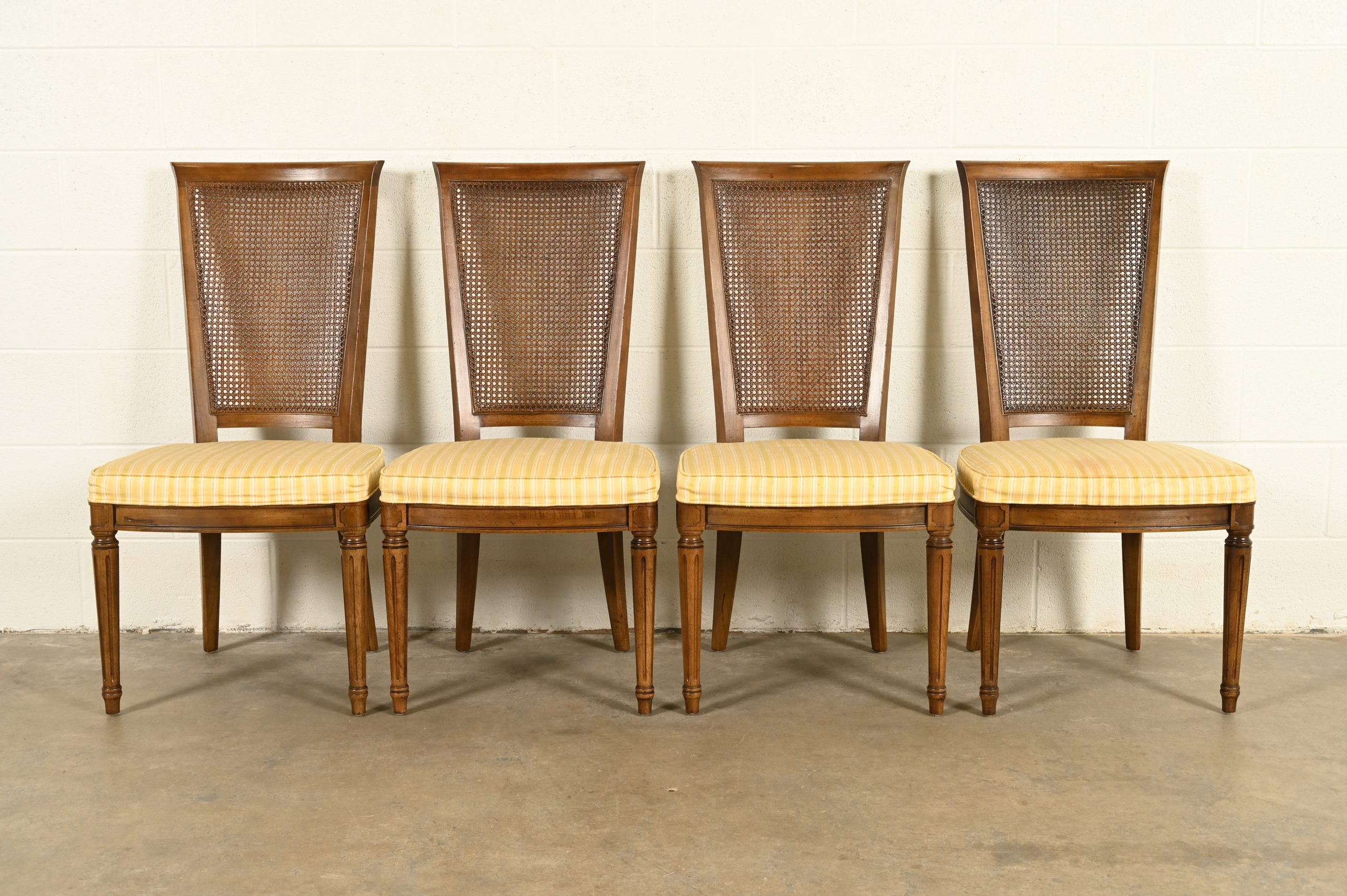 Henredon French Regency Louis XVI Carved Walnut Cane Back Dining Chairs, Set of Four