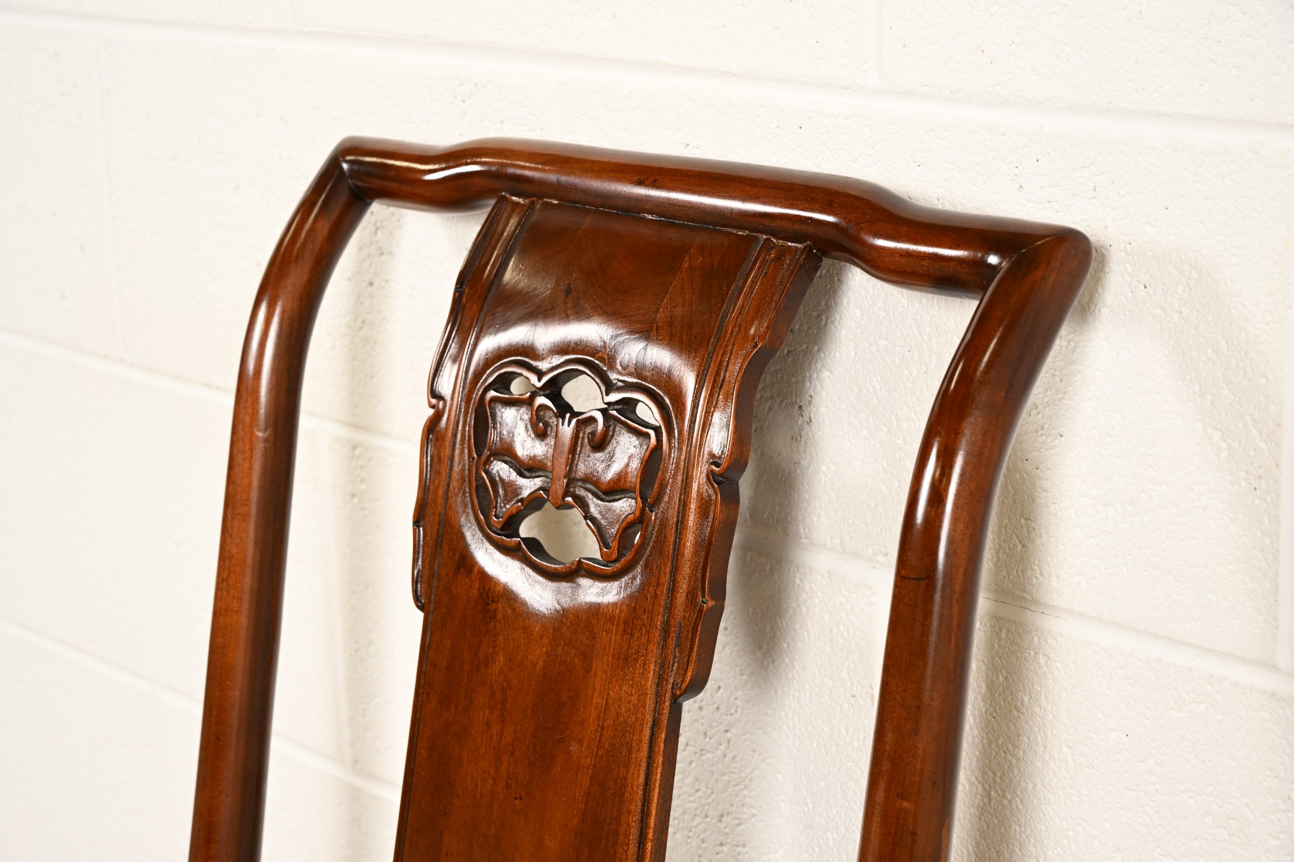 Drexel Heritage Hollywood Regency Chinoiserie Sculpted Mahogany Side Chairs or Dining Chairs, Pair - Image 8
