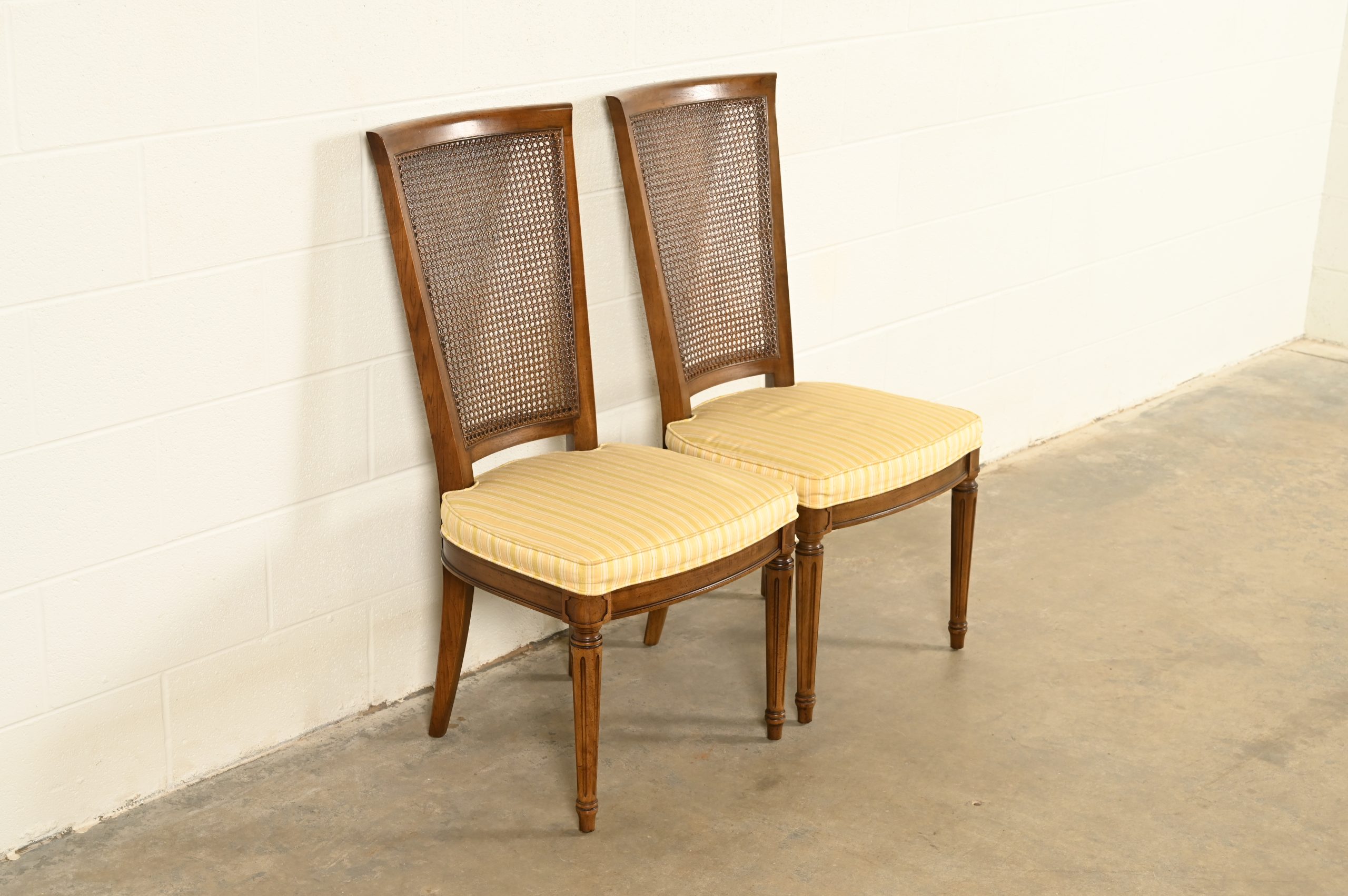 Henredon French Regency Louis XVI Carved Walnut Cane Back Side Chairs or Dining Chairs, Pair