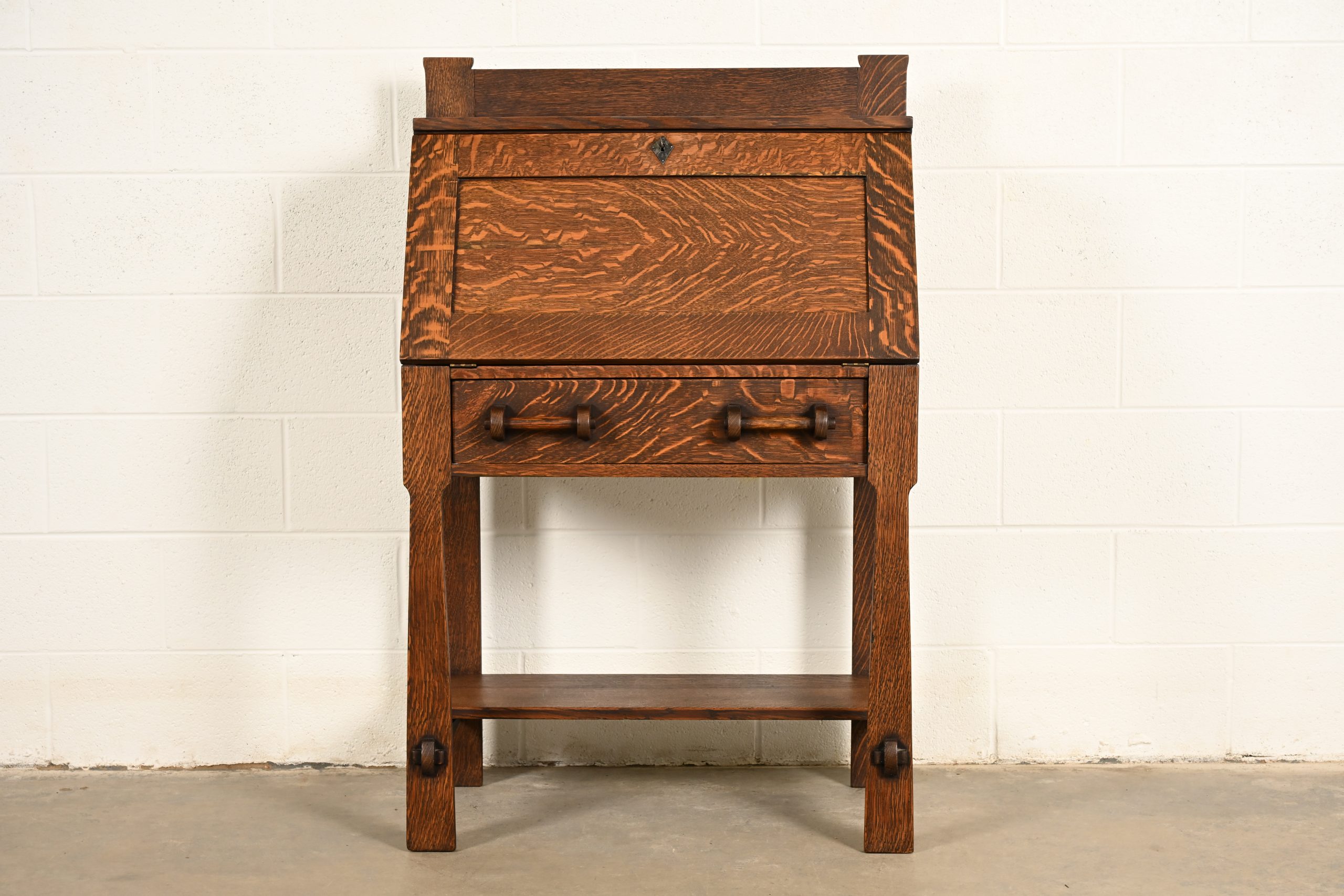 Stickley Brothers Style Antique Mission Oak Arts & Crafts Drop Front Secretary Desk, Circa 1910 - Image 3