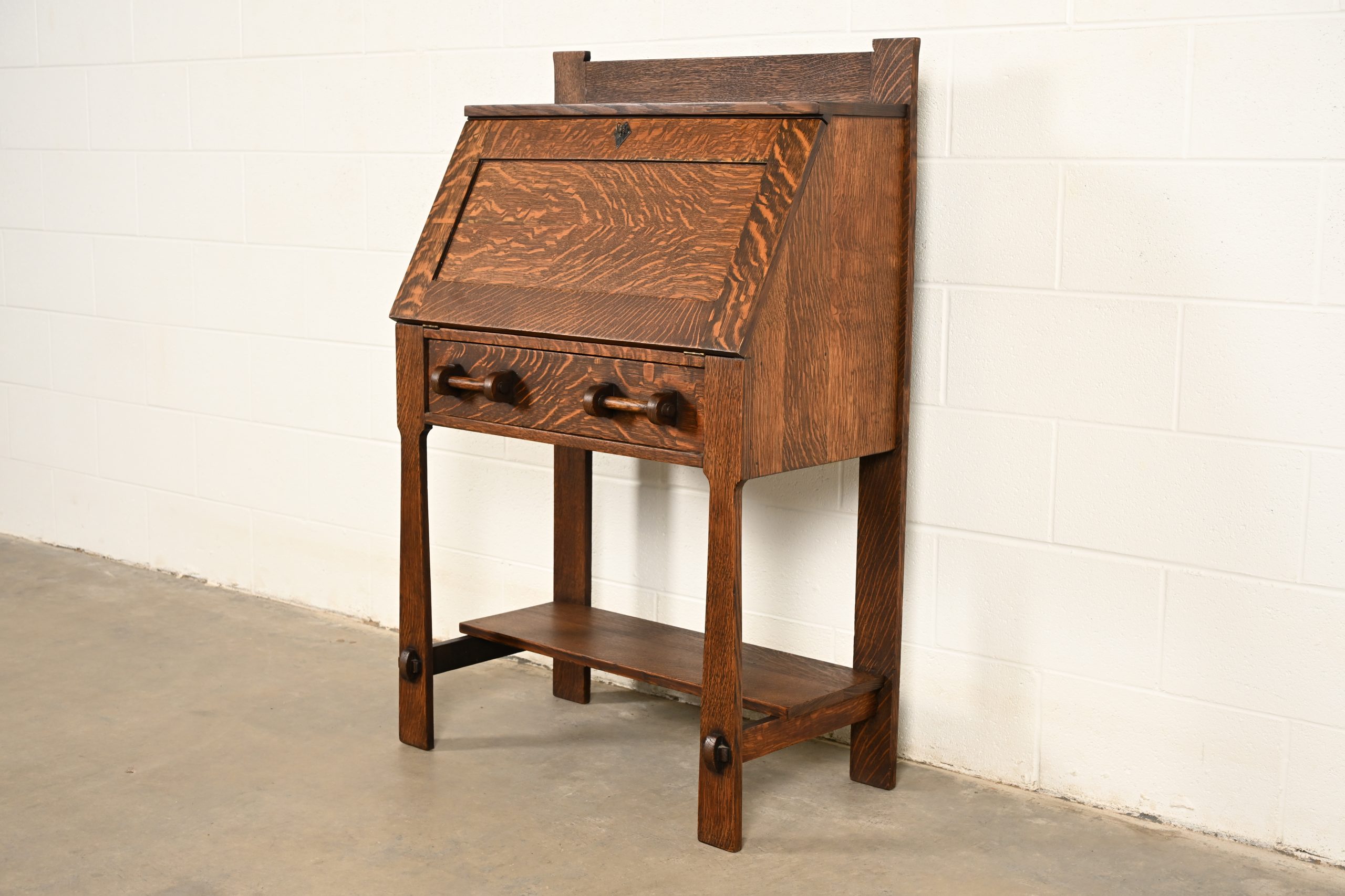 Stickley Brothers Style Antique Mission Oak Arts & Crafts Drop Front Secretary Desk, Circa 1910