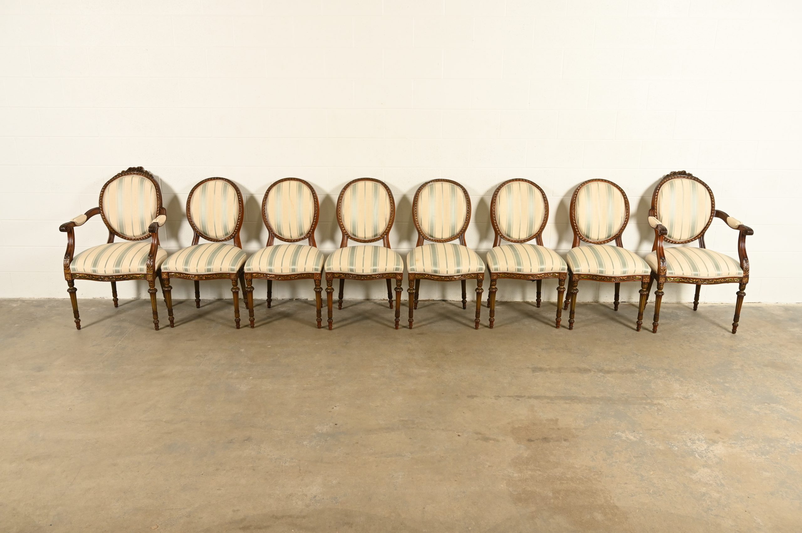 Karges Style French Regency Louis XVI Carved Mahogany and Gold Gilt Dining Chairs, Set of Eight - Image 3