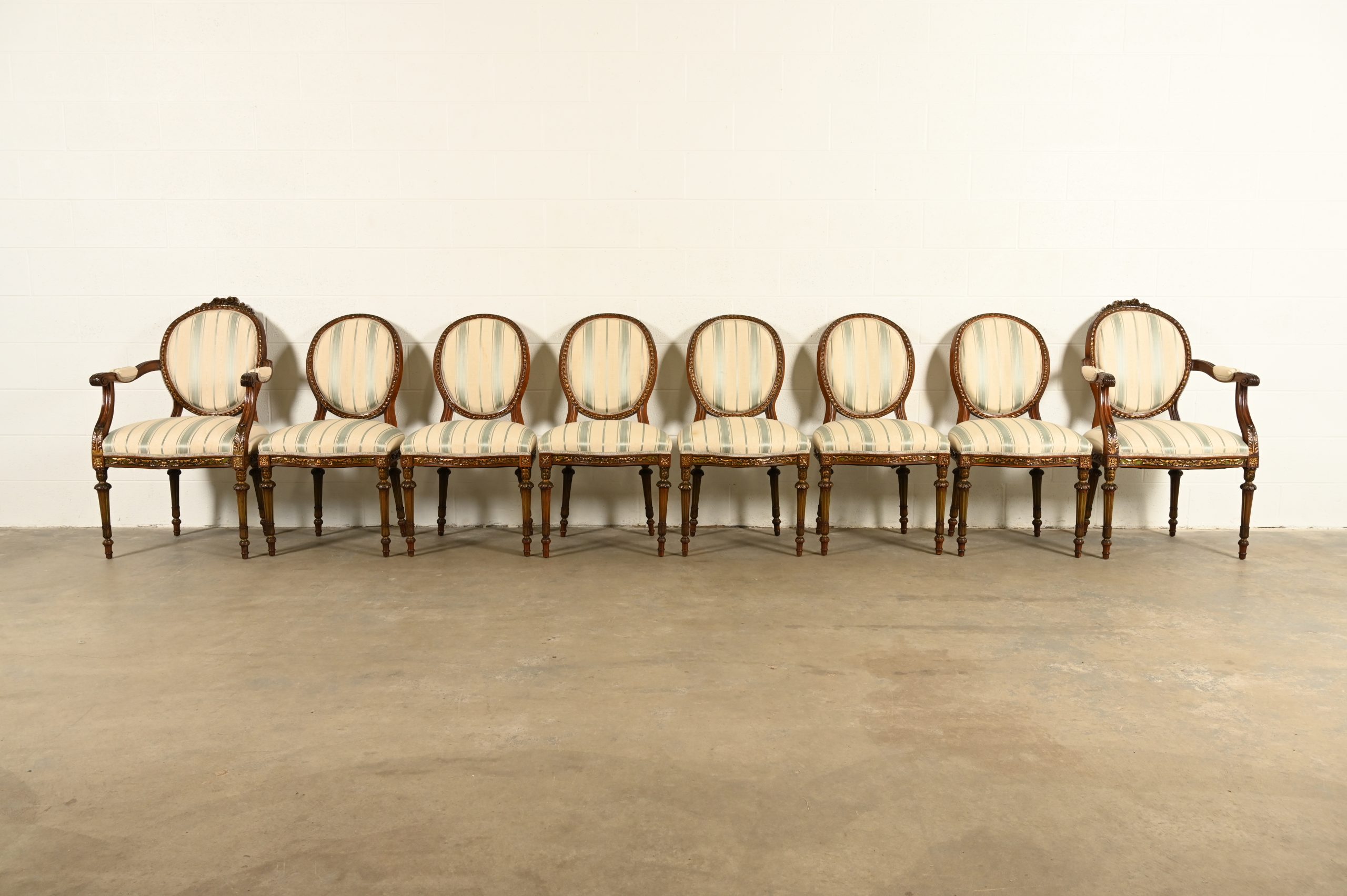 Karges Style French Regency Louis XVI Carved Mahogany and Gold Gilt Dining Chairs, Set of Eight - Image 2