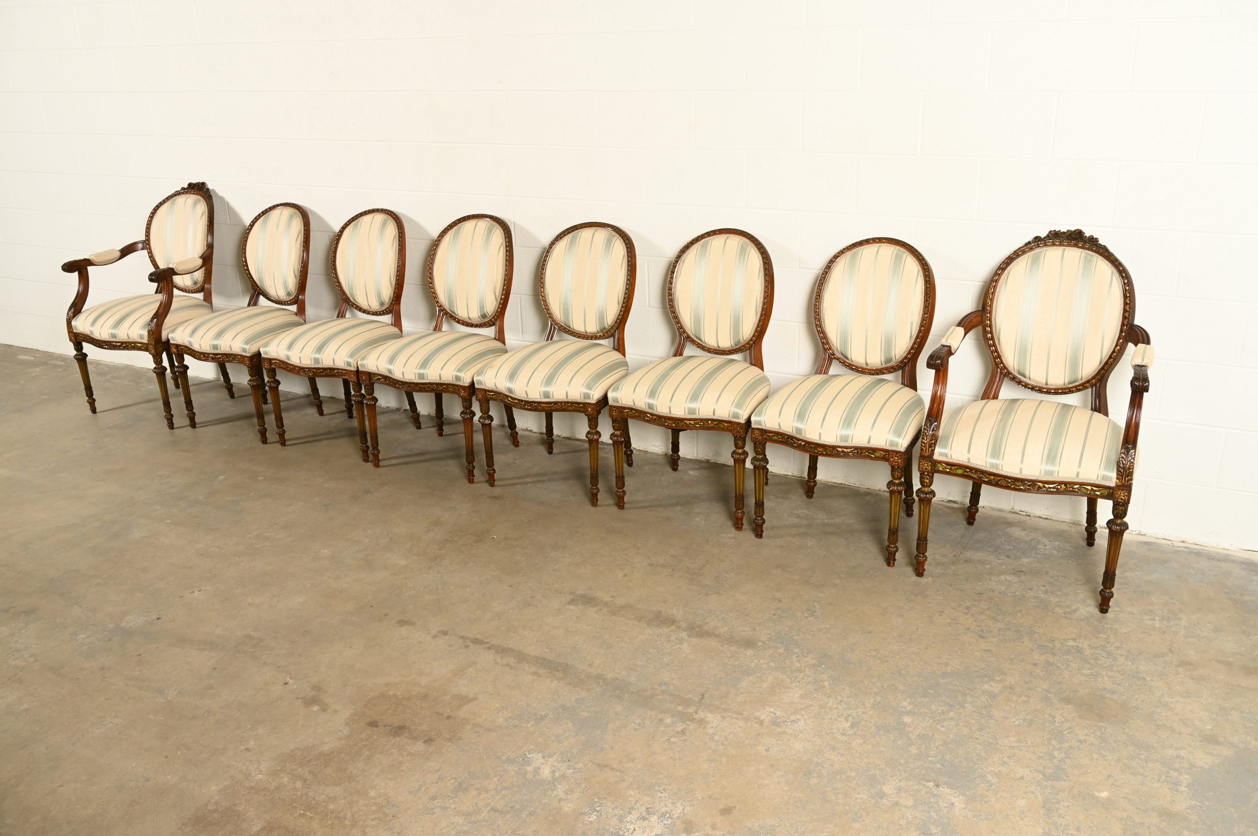 Karges Style French Regency Louis XVI Carved Mahogany and Gold Gilt Dining Chairs, Set of Eight - Image 4