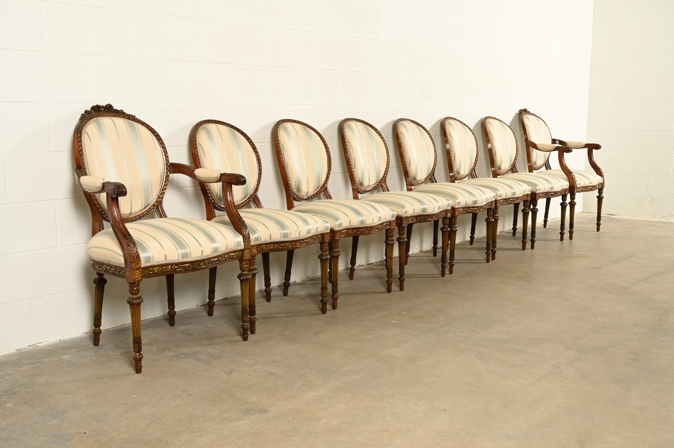 Karges Style French Regency Louis XVI Carved Mahogany and Gold Gilt Dining Chairs, Set of Eight