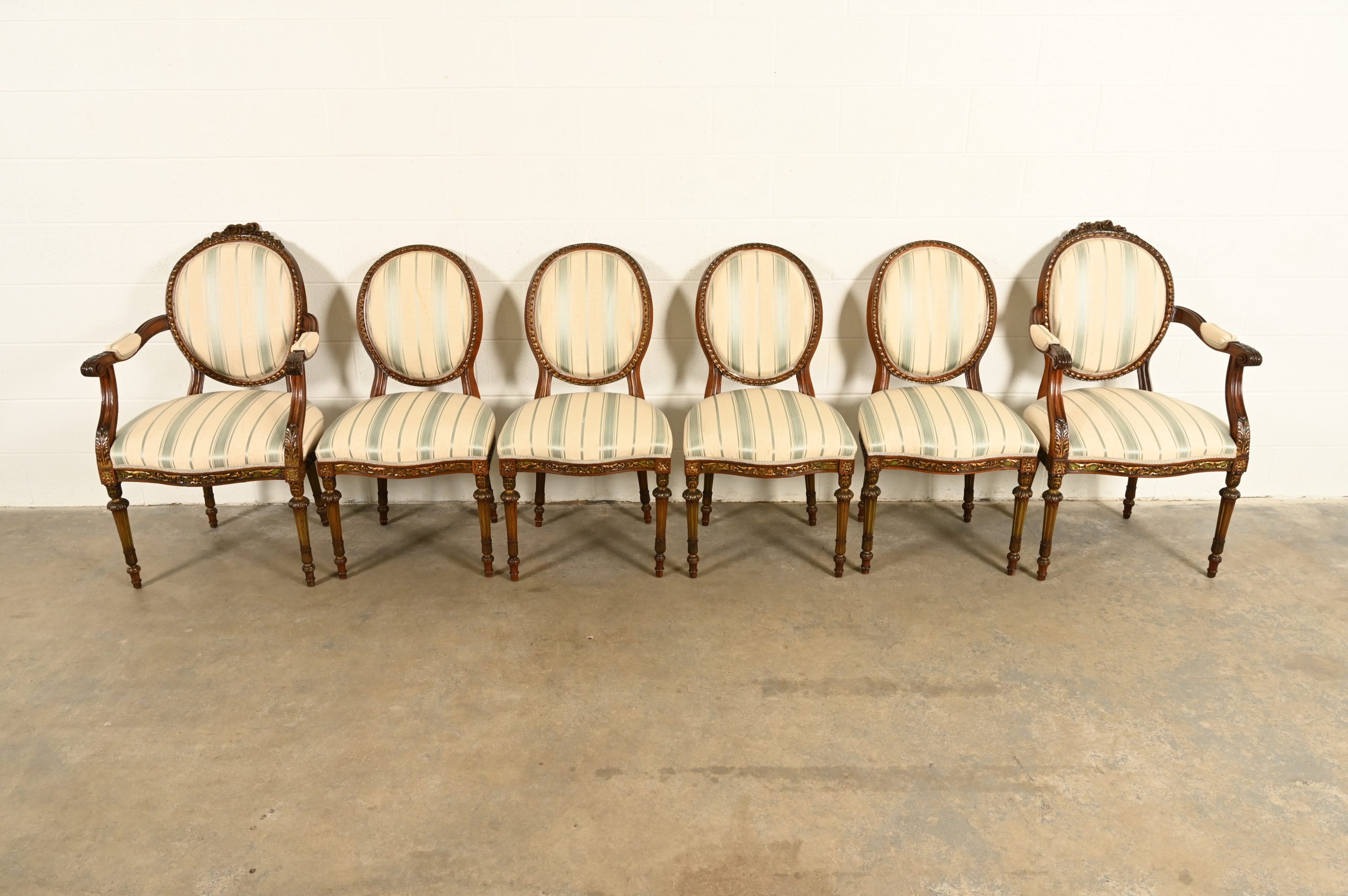 Karges Style French Regency Louis XVI Carved Mahogany and Gold Gilt Dining Chairs, Set of Six - Image 2